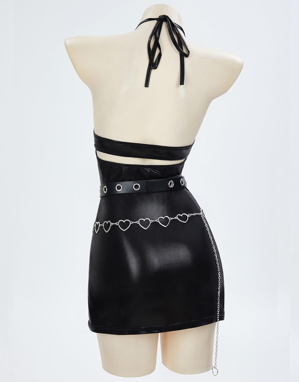 MEOWCOS Women's Cocktail Dress Set Gothic Punk Halter Backless Dress and Lace Mesh Dress with Belt Waist Chain - Image 8