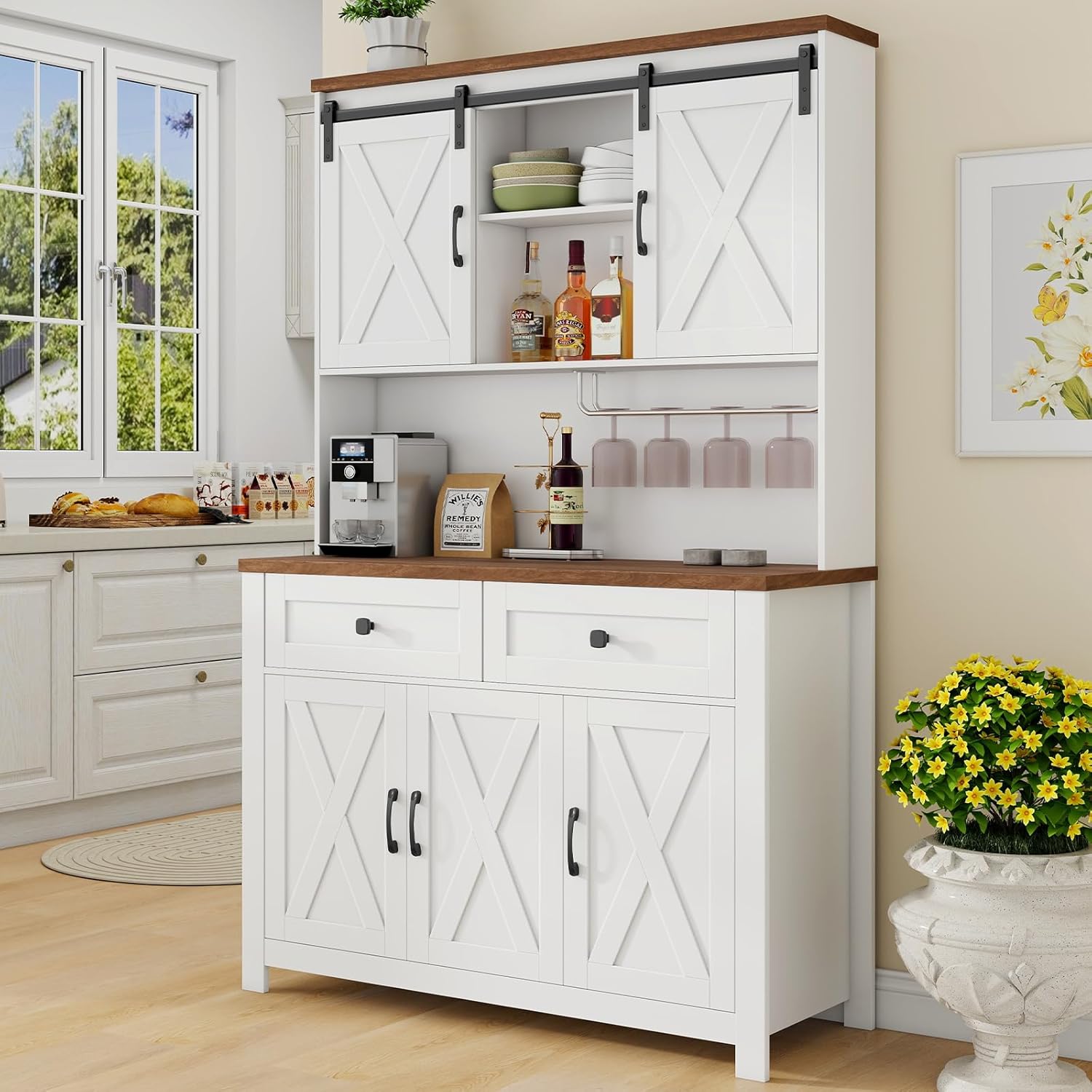 Vabches 67.7 Inch Farmhouse Pantry Storage Cabinet with Sliding Barn Doors, 2 Drawer Farmhouse Coffee Cabinet with Adjustable Shelf, Side Board with Buffet Cupboard for Kitchen, Livingroom, White