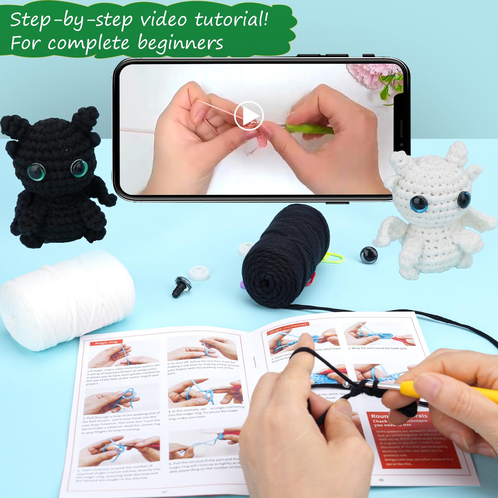 Mecmbj Kit Uncinetto Principianti, DIY Kit Crochet Animale Carino, con Video Tutorial Passo Passo In Inglese, Set Uncinetto per Adulti E Bambini