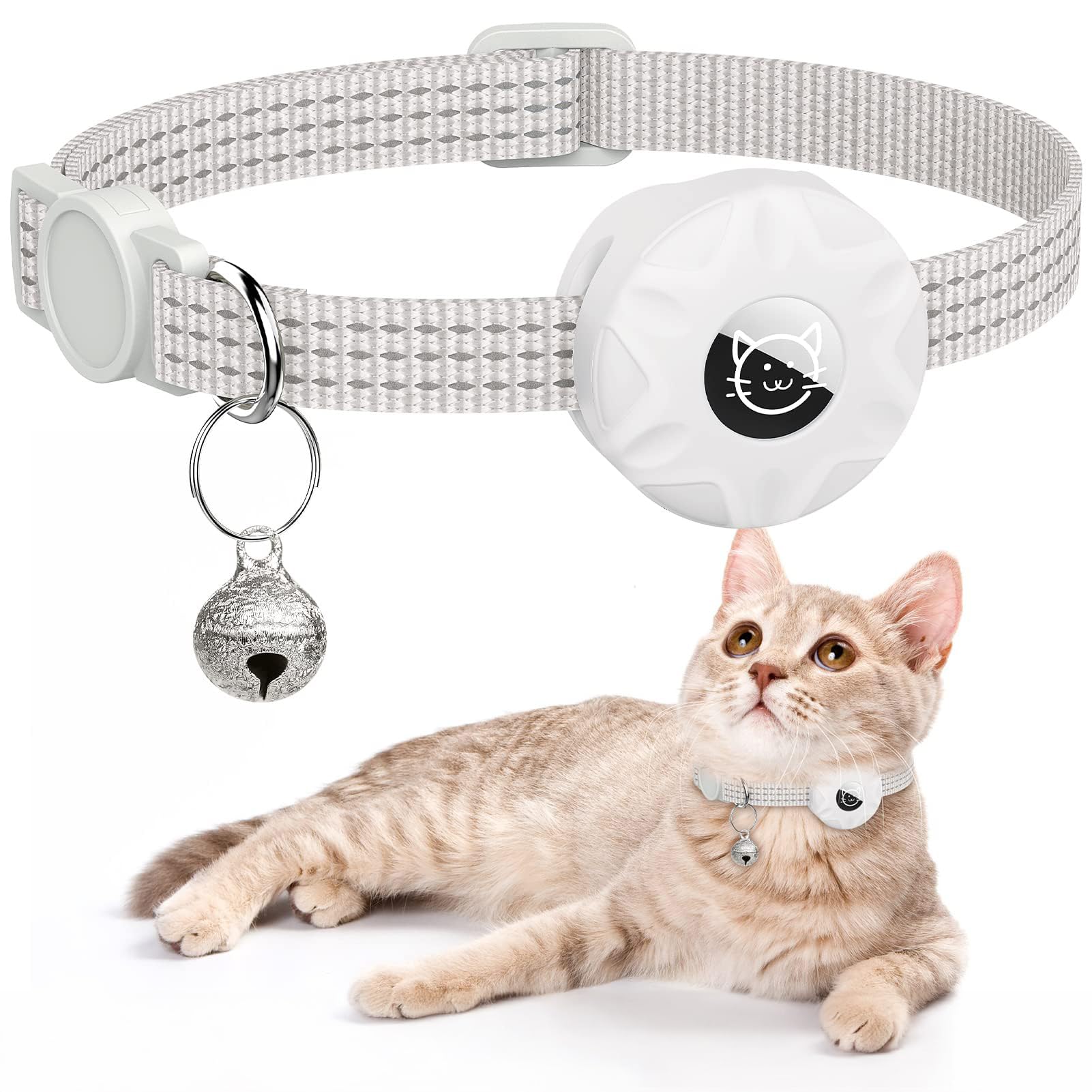 AirTag Cat Collar, Reflective Breakaway Kitten Collar with AirTag Holder and Bell, Lightweight Collar for Girl and Boy Cats, Kittens, and Puppies (White)