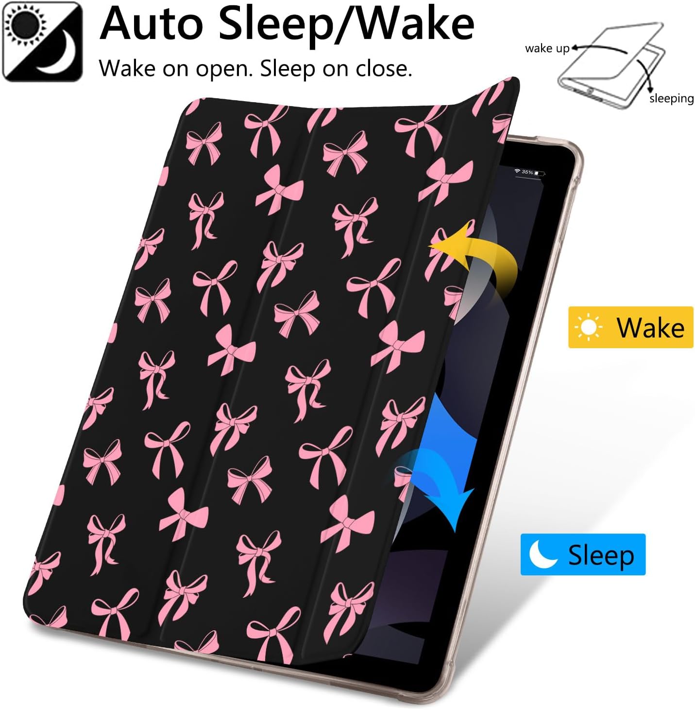 JOYLAND Cute Pink Bow Pattern Case for iPad Air 3rd Gen 10.5" 2019/iPad Pro 10.5" 2017, Pencil Holder & Clear Transparent Back & Trifold Smart Pad Black Cover (Model Number:A1701 A1709 A1852)
