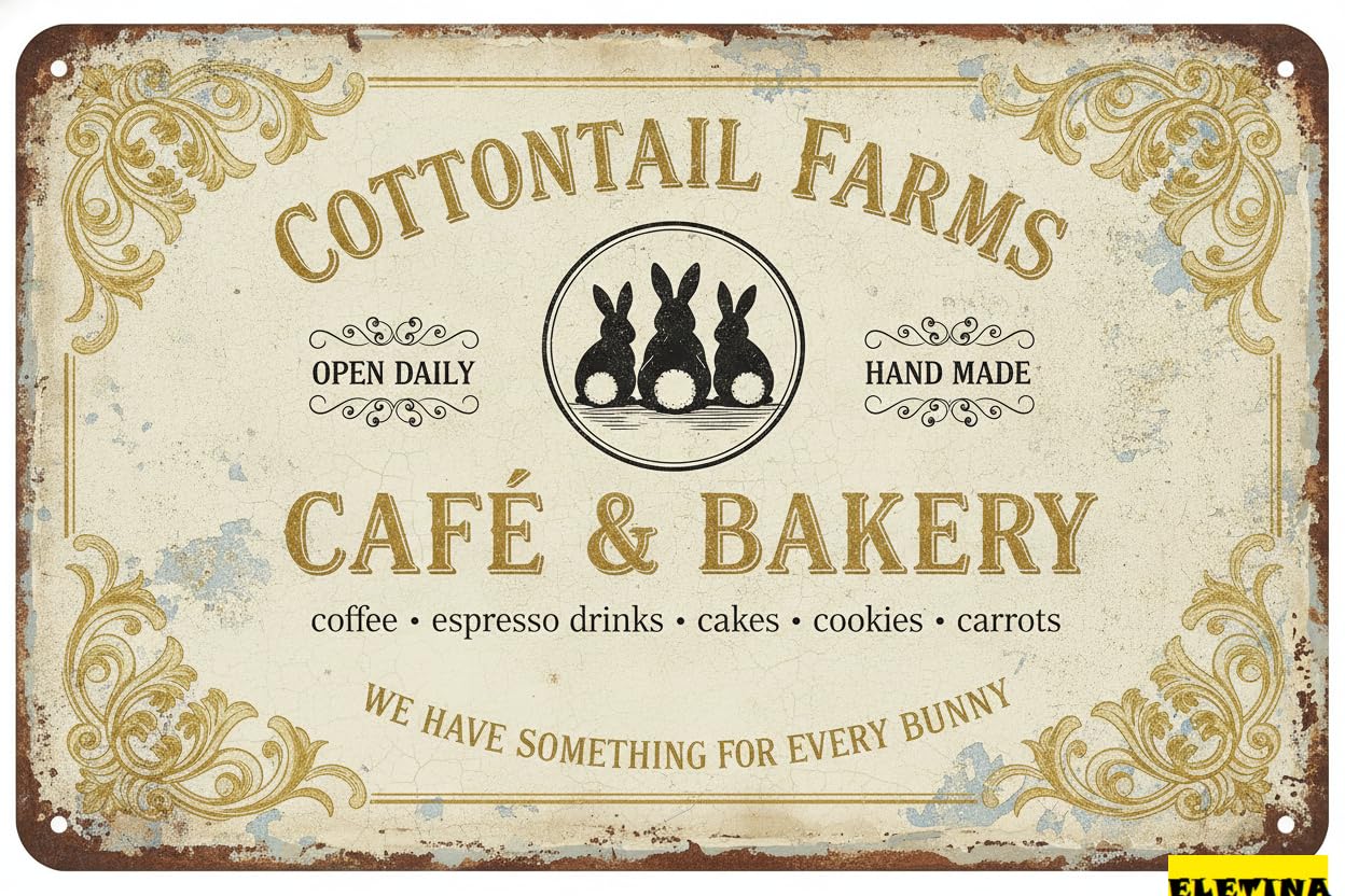 Cottontail Farm Cafe Easter Tin Sign, 8x12 Inch Decor