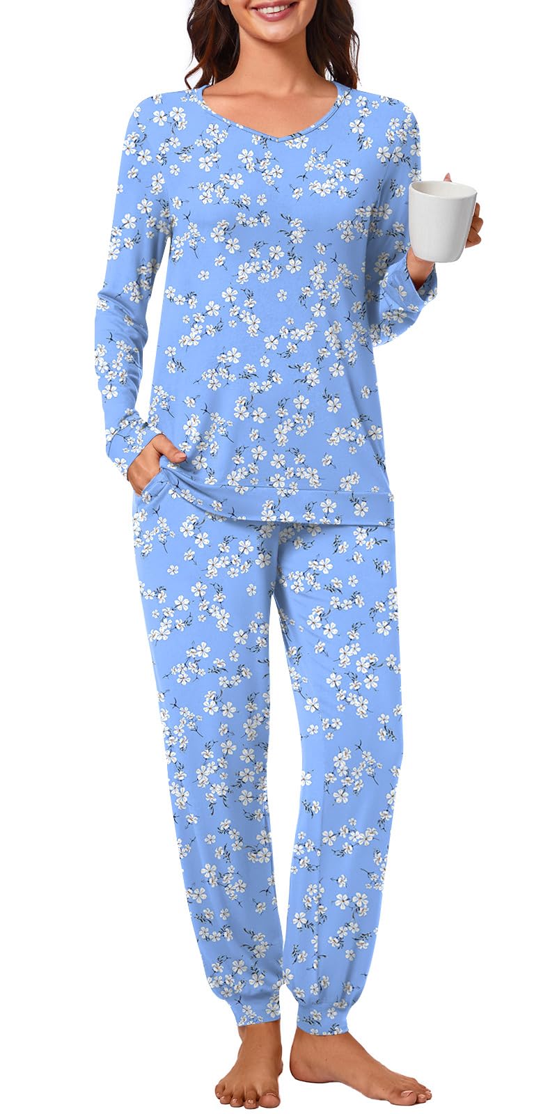 syoss Conjunto de pijama de manga larga para mujer, ropa de dormir con cuello en V, ropa de dormir suave, conjunto de 2 piezas con bolsillos