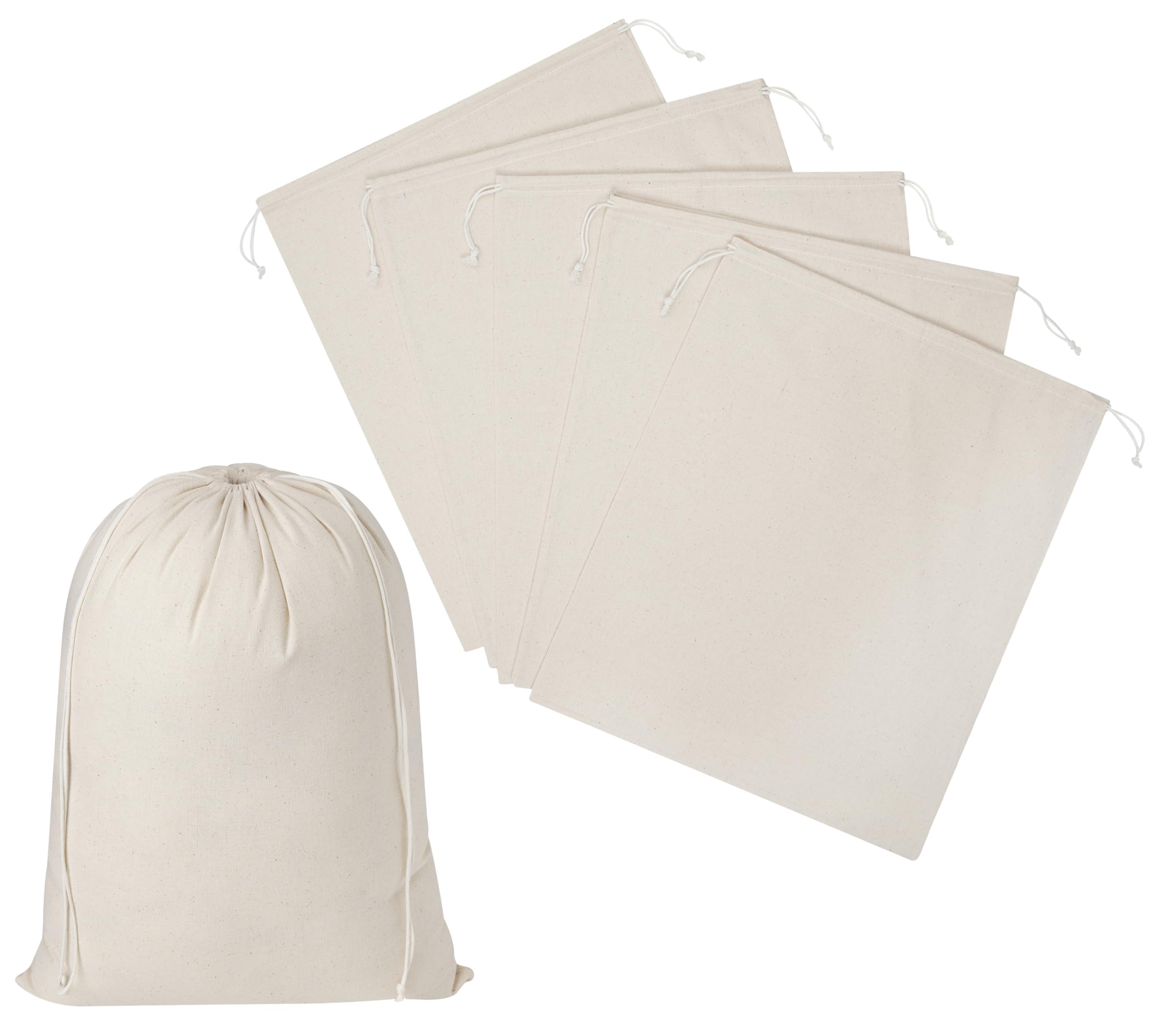 100 Percent Cotton Drawstring Bags, Reusable Quality with Double String, For Storage Pantry Wardrobe Shoes - Pack of 6 (Natural Beige, 14 x 17 Inch)