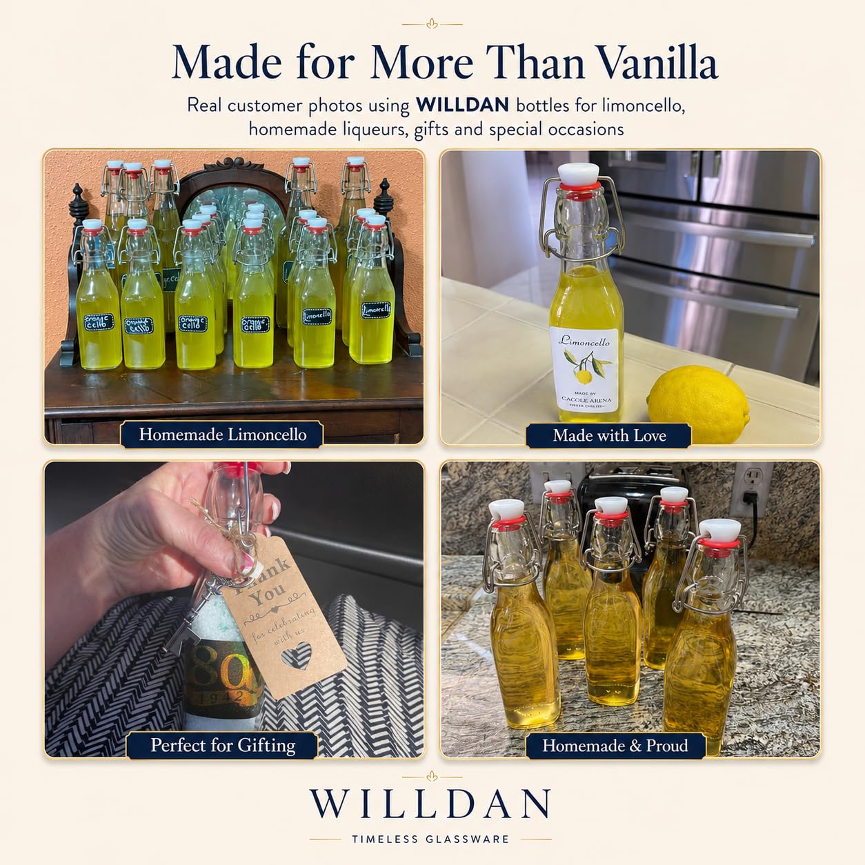 WILLDAN Juego de 12 botellas de vidrio de 8.5 onzas con tapa abatible para kombucha, kéfir, extracto de vainilla, cerveza, tapas herméticas y tapas a prueba de fugas, juntas y embudo adicionales