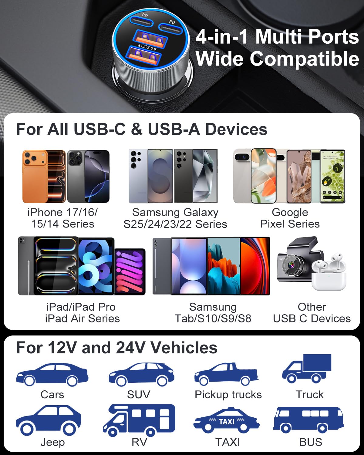 Cargador de coche USB C, adaptador de encendedor de cigarrillos de carga súper rápida de 90 W, multipuerto, dual, 45 W, 12 V, USB-A y USB-C PD/QC 3.0, cargador de teléfono de coche rápido para iPhone