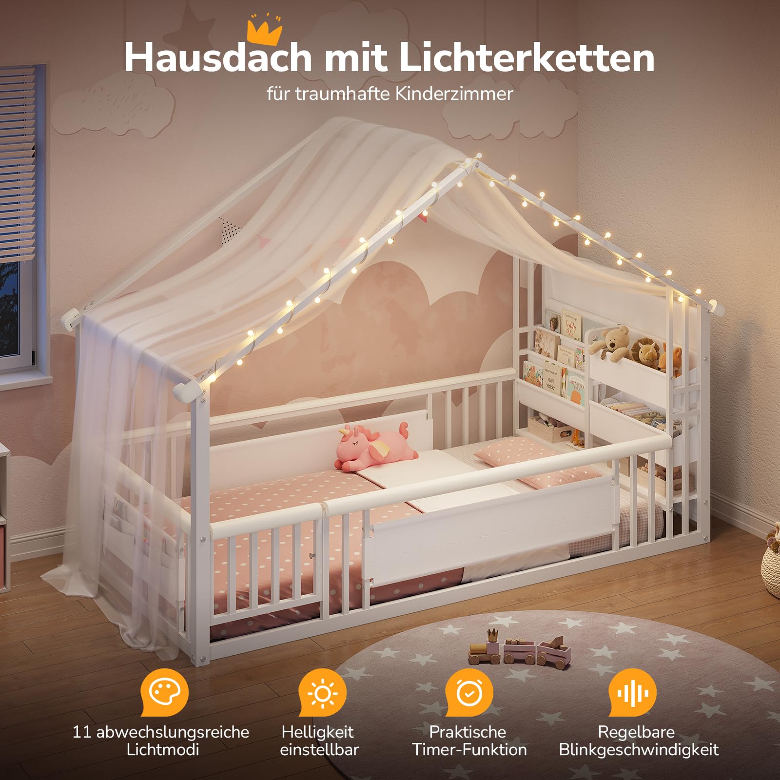 Hausbett 90x200 Metall nach Montessori mit LED, Weiß