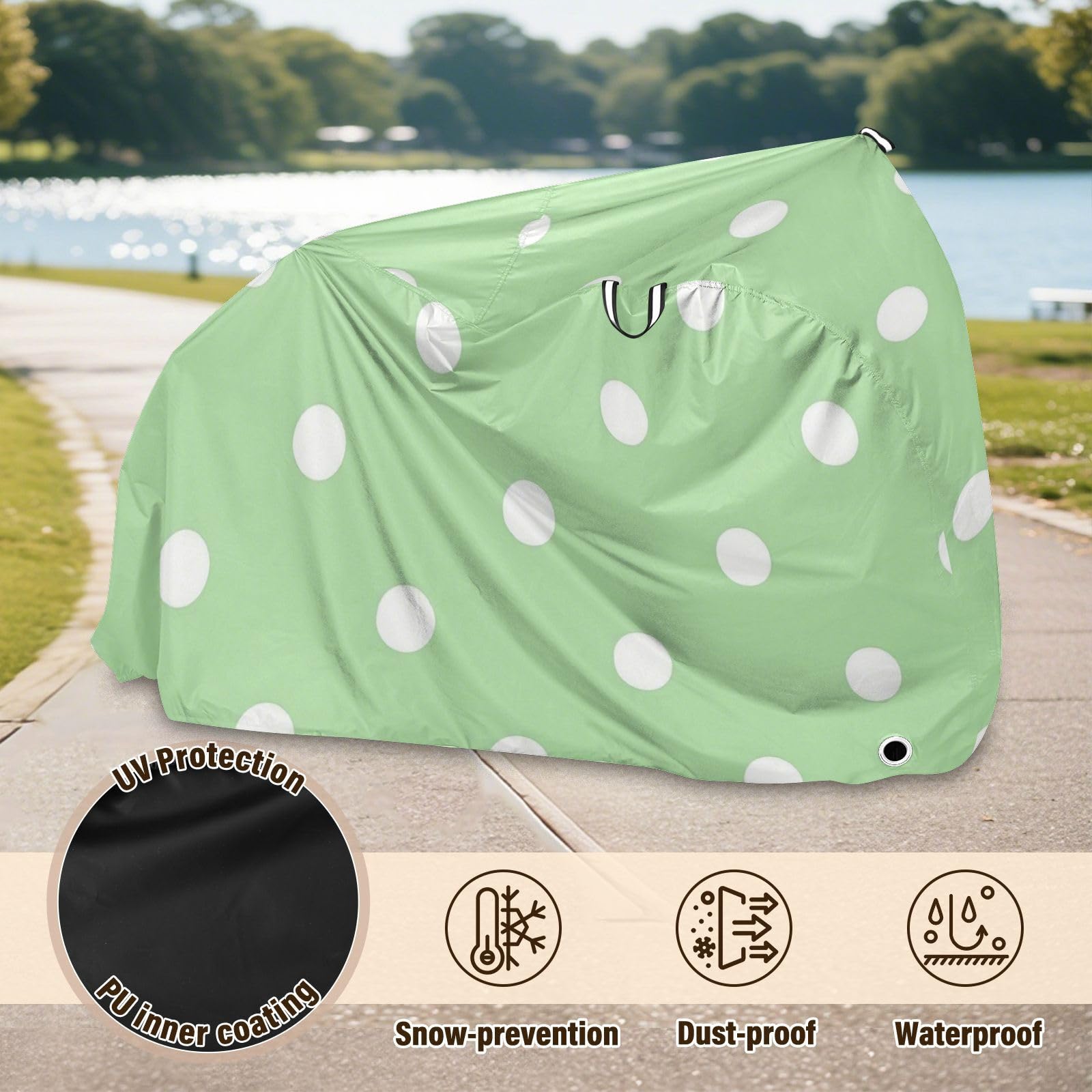Housse de vélo d'extérieur imperméable à pois vert clair avec trous de verrouillage pour intérieur ou extérieur - Convient à la plupart des cobertor para bicicleta