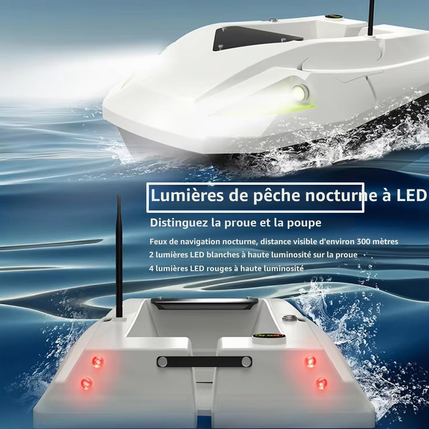 Bateau amorceur Peche Carpe, Bateau de pêche appât avec GPS, 2 Batteries, éclairage de Nuit, positionnement 100 Points, Vitesse réglable, Filet de traîne, Charge de 2 kg (Blanc)