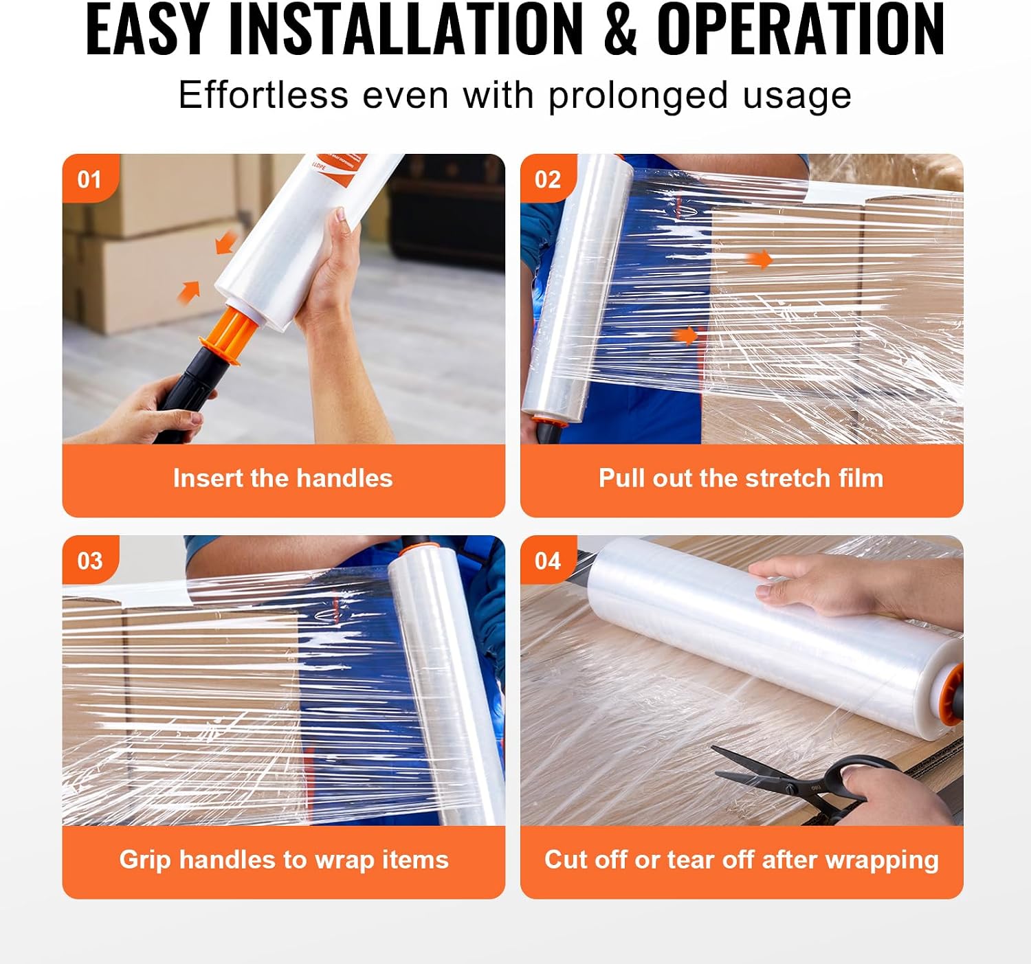 VEVOR Stretch Film, 15 inches x 1000 feet, 60 Gauge Industrial Strength Clear Durable Stretch Wrap Roll, Heavy Duty Shrink Film Stretch Wrap with Handles for Pallet Wrapping Shipping Moving, 3 Pack