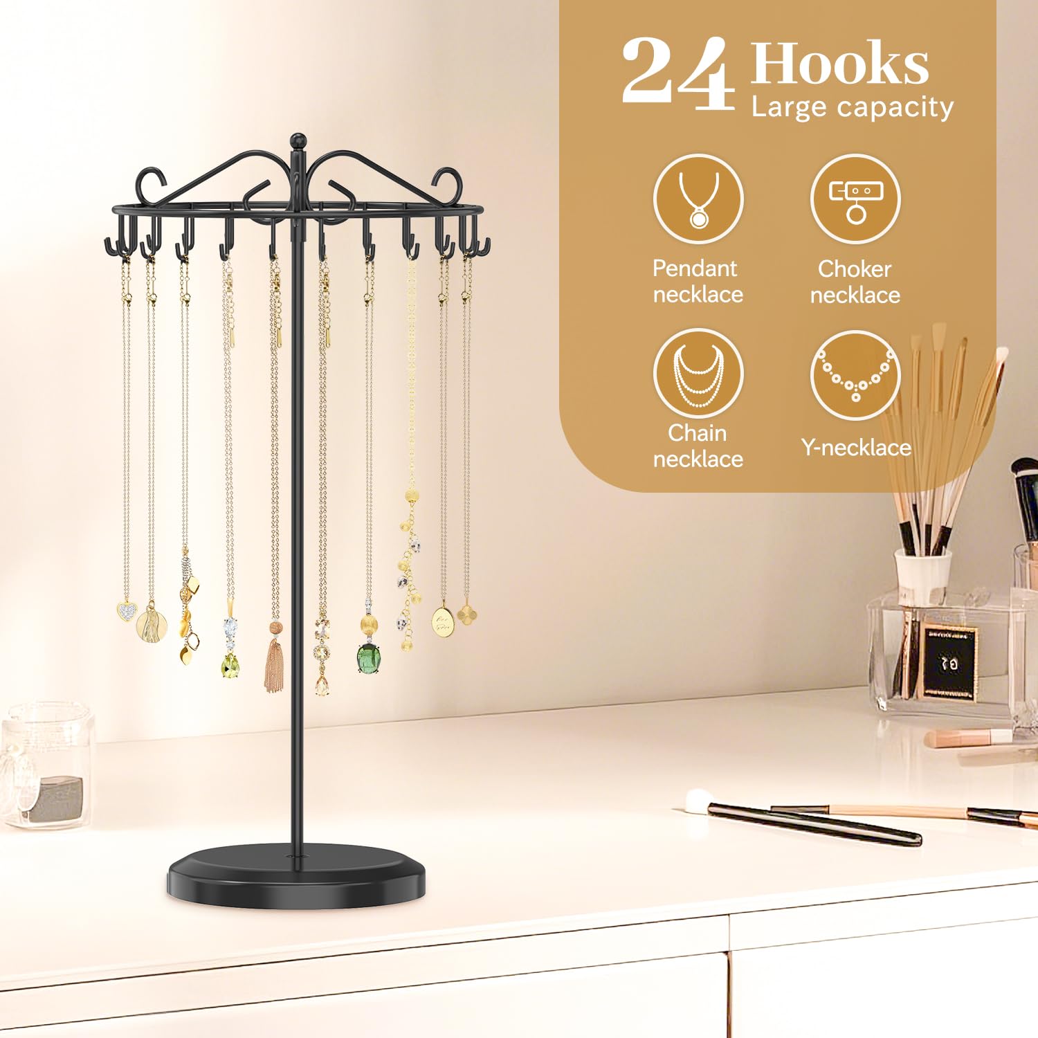 Kettenständer Schmuck Organizer mit 24 Haken, drehbarer Kettenaufhänger aus Metall für lange und kurze Halsketten, Ständer für Kettenaufbewahrung Damen Herren, einlagig, Schwarz