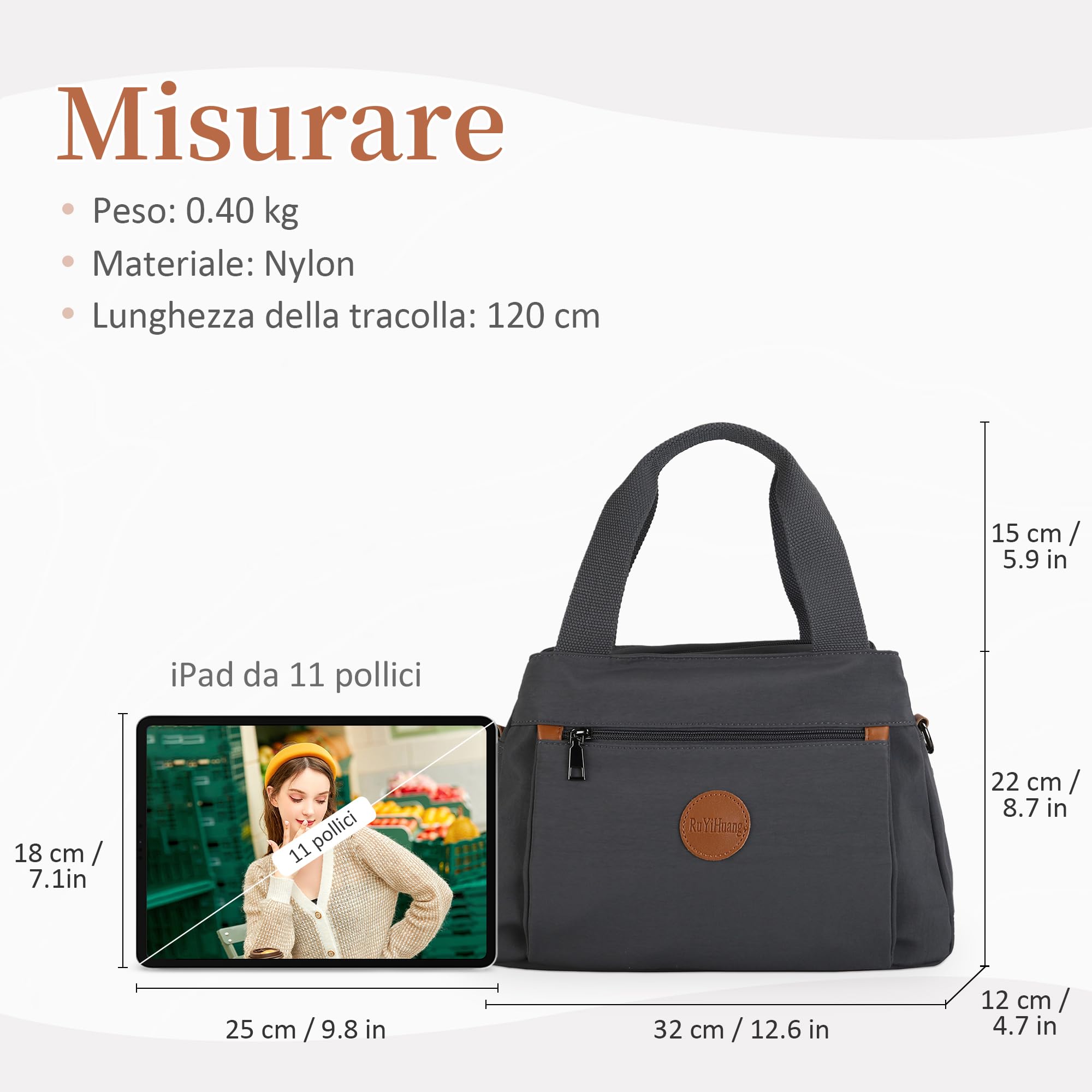 DIRRONA Borsa A Tracolla Donna - Borsa A Mano Multitasche Grande, Con Cinghia Regolabile E Manico Superiore, In Nylon Lavabile, Per Scuola, Lavoro E Viaggio - Borsa Moda Donna Grigio freddo