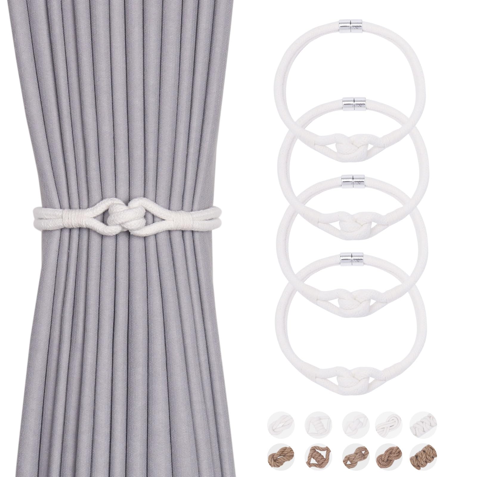 Pretty Jolly 4 Pack Natural Cotton Rope Curtain Tiebacks Elegant Boho Style Magnetic Drape Tie Backs Soft Hand-Woven Rope Curtain Holdbacks for Home & Office Drapery (Cotton knot-05)