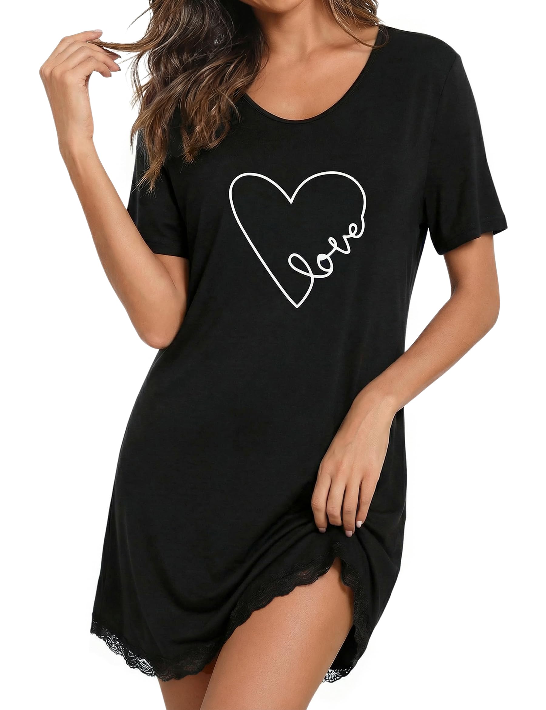 Demegimi Nachthemd Damen Kurz Baumwolle Schlafshirt Sommer Kurzarm Schlafshirt Kurz Sleepshirt Damen Nachthemd mit Herzdruck und Rundhalsausschnitt