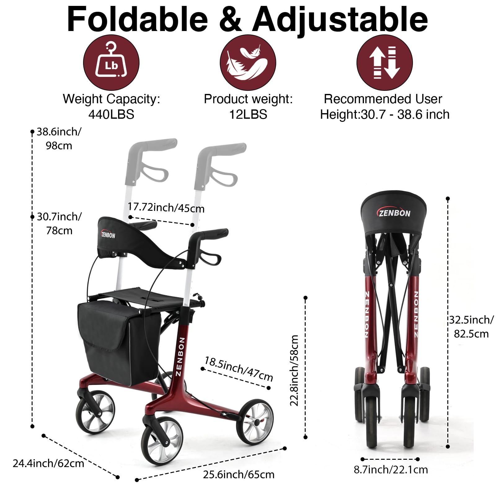Deambulatore Carbonio Ultralight 5,5 kg: Rollator 4 Ruote Pieghevole e Leggero con Sedile Deambulatore in carbonio per Anziani - Rollator Pieghevoli Leggeri per Viaggi nel Bagagliaio e in Aereo