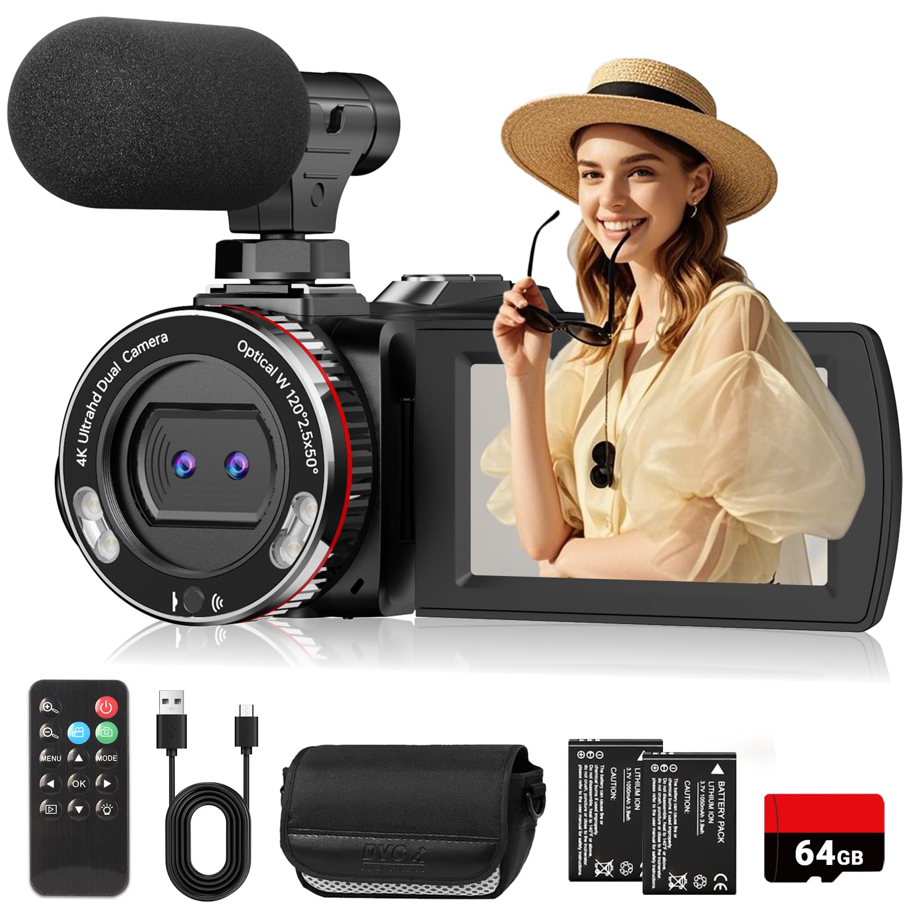 4K 64MP Dual Lens Video Camcorder for Vlogging YouTube, 3.0" Flip Screen Digital Camera Recorder, 18X Digital Zoom Camcorder Kit with External Stereo Microphone, Remote, 64GB Card & 2 Batteries-picture-34