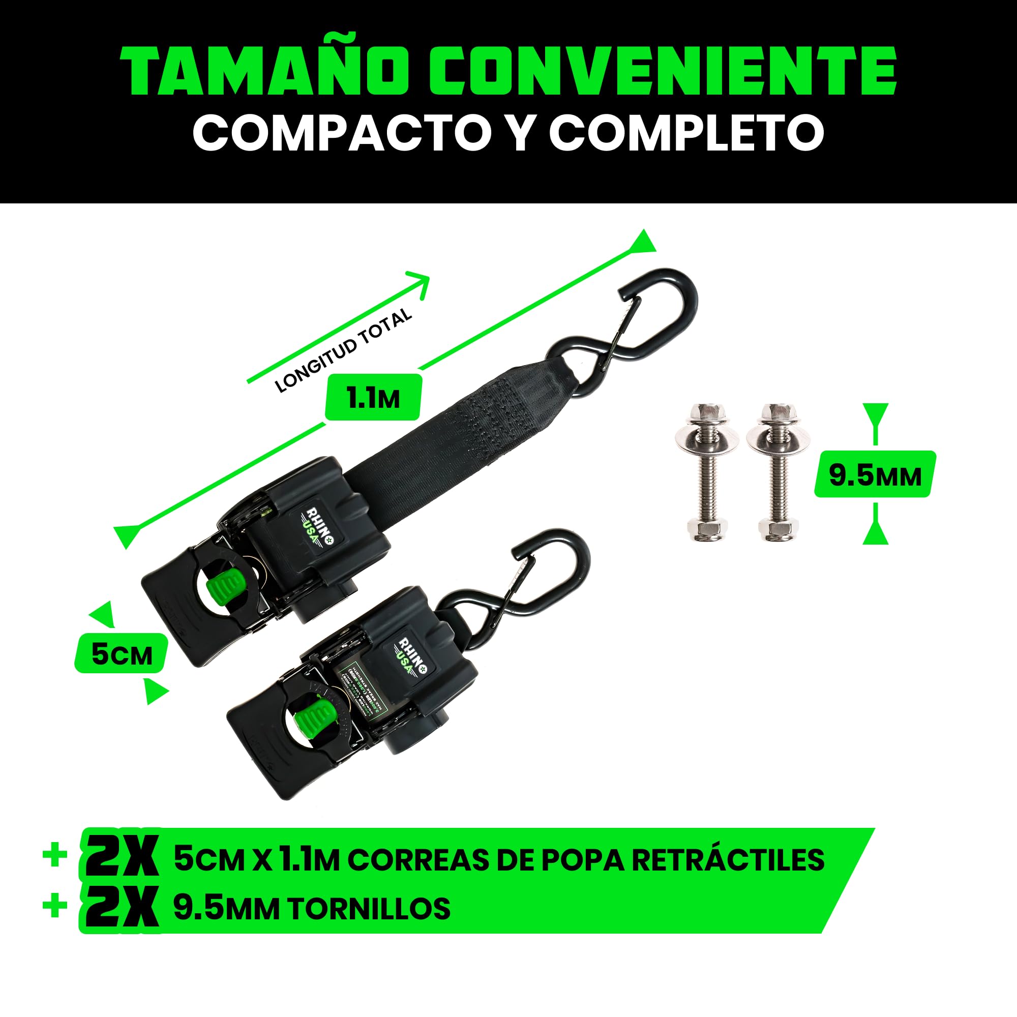 Rhino USA Correas Retráctiles para Remolque de Barco (Paquete de 2) - Correas de Amarre para de 5cm x 1,1m, 1300kg para Remolque, Barco, Jet Ski y más! Acero con Recubrimiento en Polvo Negro