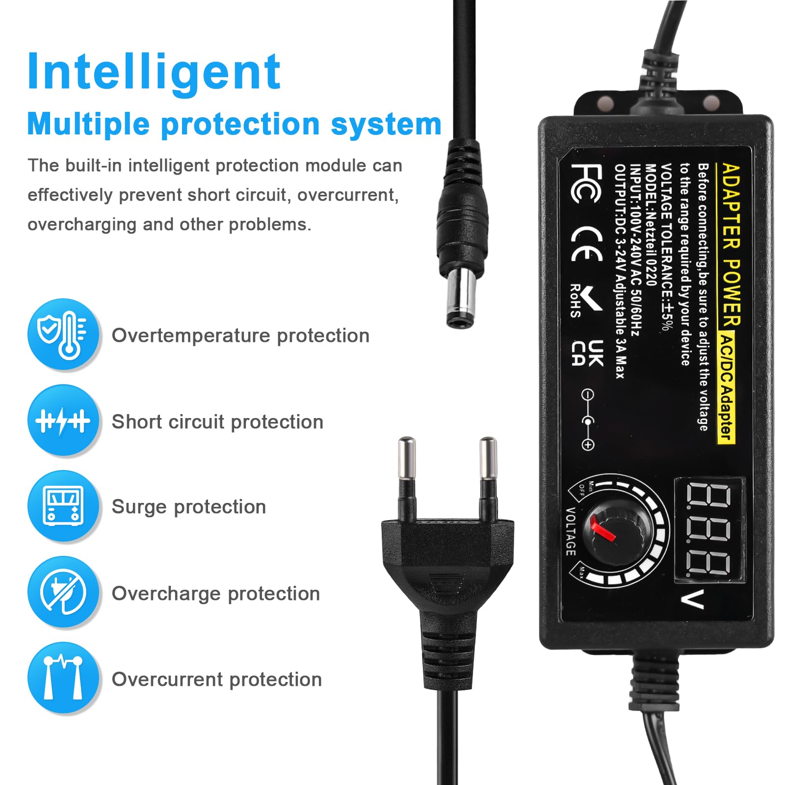 Adattatore Di Alimentazione, 3V/4.5V/5V/6V/7.5V/9V/12V 1.2A