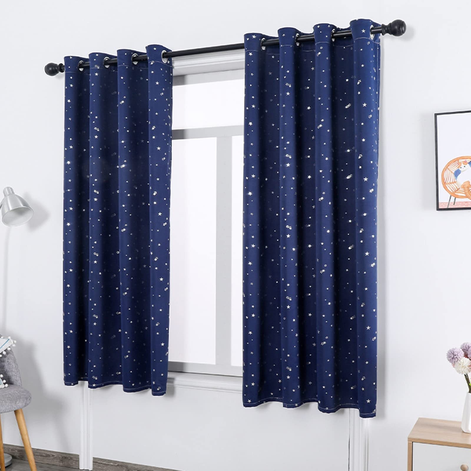 Gardinen Vorhang Blickdicht, Wohnzimmer Vorhänge Modern 2er Set Polyester mit Silbernen Sternenmuster mit Ösen, 130x150cm