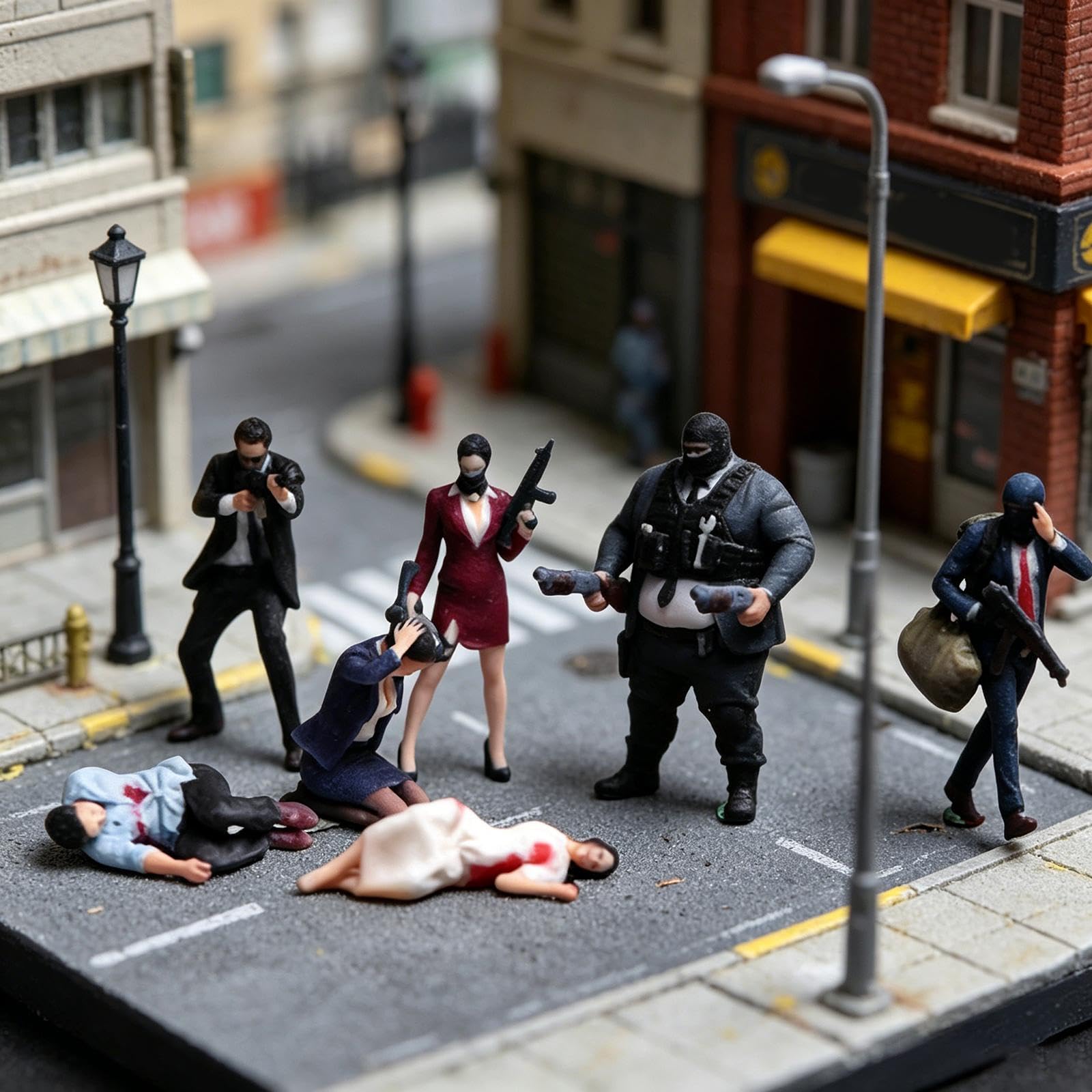 Figure di Rapinatori Dipinte a Mano, Auto da Collezione, Piccolo Diorama da Interni