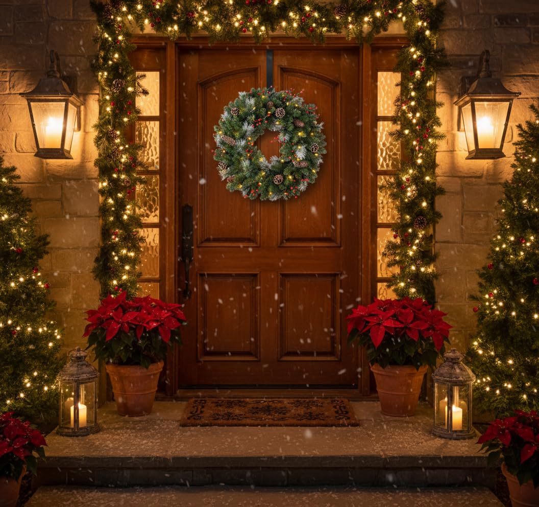 40CM Türkranz Weihnachten,Weihnachtskranz Haustür mit 30 LEDs,Weihnachtskranz mit Laterne, Kugeln, Beeren & Schleifen, weihnachtstürkranz, Weihnachten Dekor