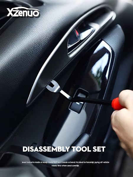 Auto Demontage Werkzeuge Set, 5 Teile Metall Hebelwerkzeug + Zierleistenkeile Automotive Reparatur Set, Kfz Trim Tool Kit Universal für Entfernung Autotür Türverkleidung und Platten, Rot - 2