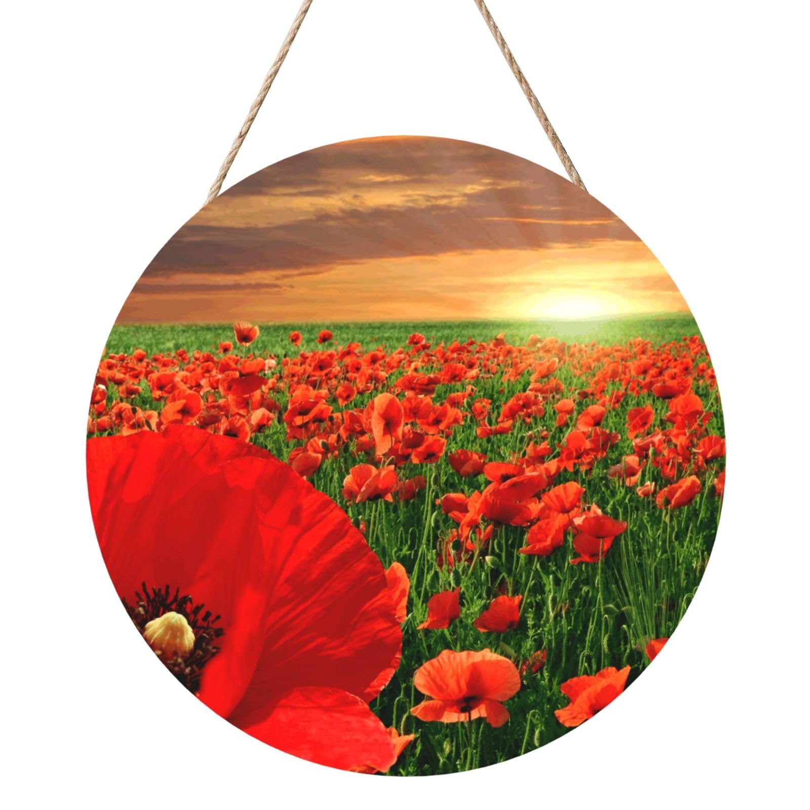 InOmak Sunset Poppy Field, Round Wood Panel Painting 12 in, Wall Hanging Painting For Home