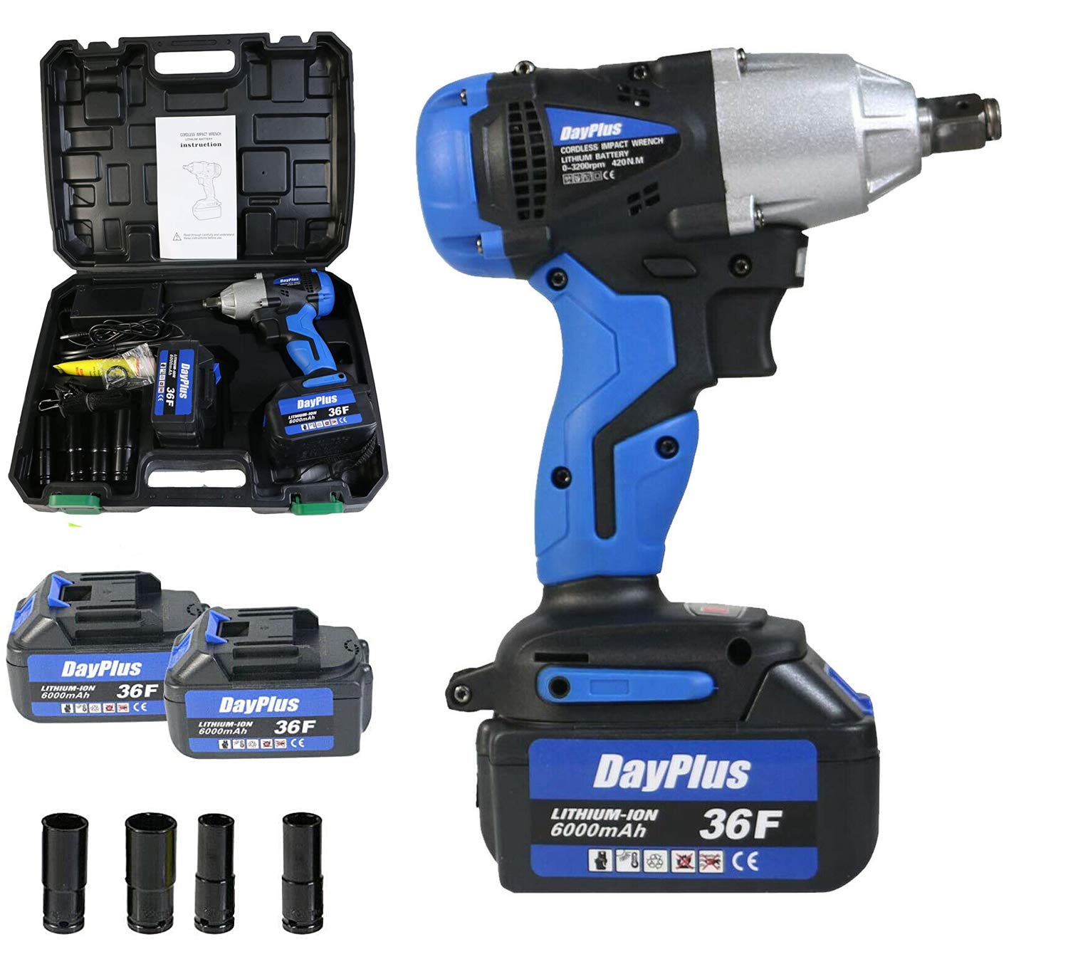 Lucn Blue Electric Impact Wrench Tool 1/2" Drive 2 Speed Cordless Rattle Gun With 2Pcs Batteries 6.0Ah Li-Ion & Charger 18V 420 N.m 3200Rpm With 4 Sockets & Carry Case