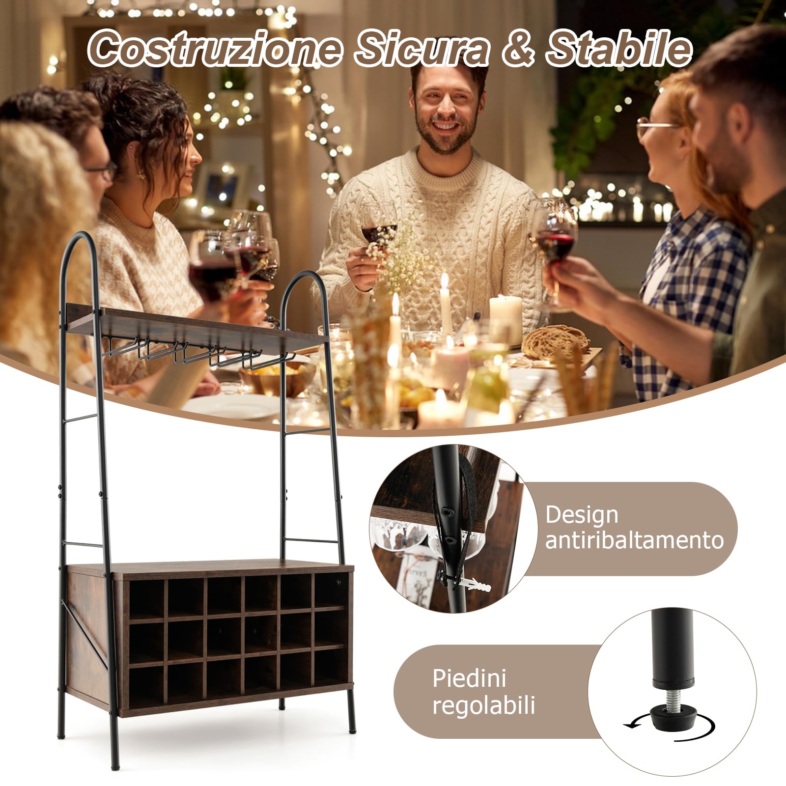 GYMAX Portabottiglie di Vino da Terra per 18 Bottiglie e 15 Calici, 63 x 32 x 114,5 cm, Cantinetta Vino, Portabottiglie Staccabile, 2 Ripiani Aperti, Scaffale Porta Vino per Casa Bar, Marrone