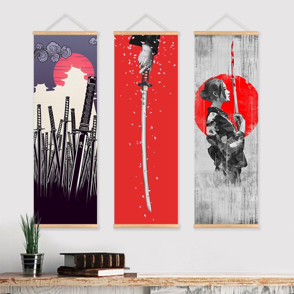 ALENIS Large 3 Panels Premium Japanese Samurai Scroll Painting Canvas with Wooden Hanger