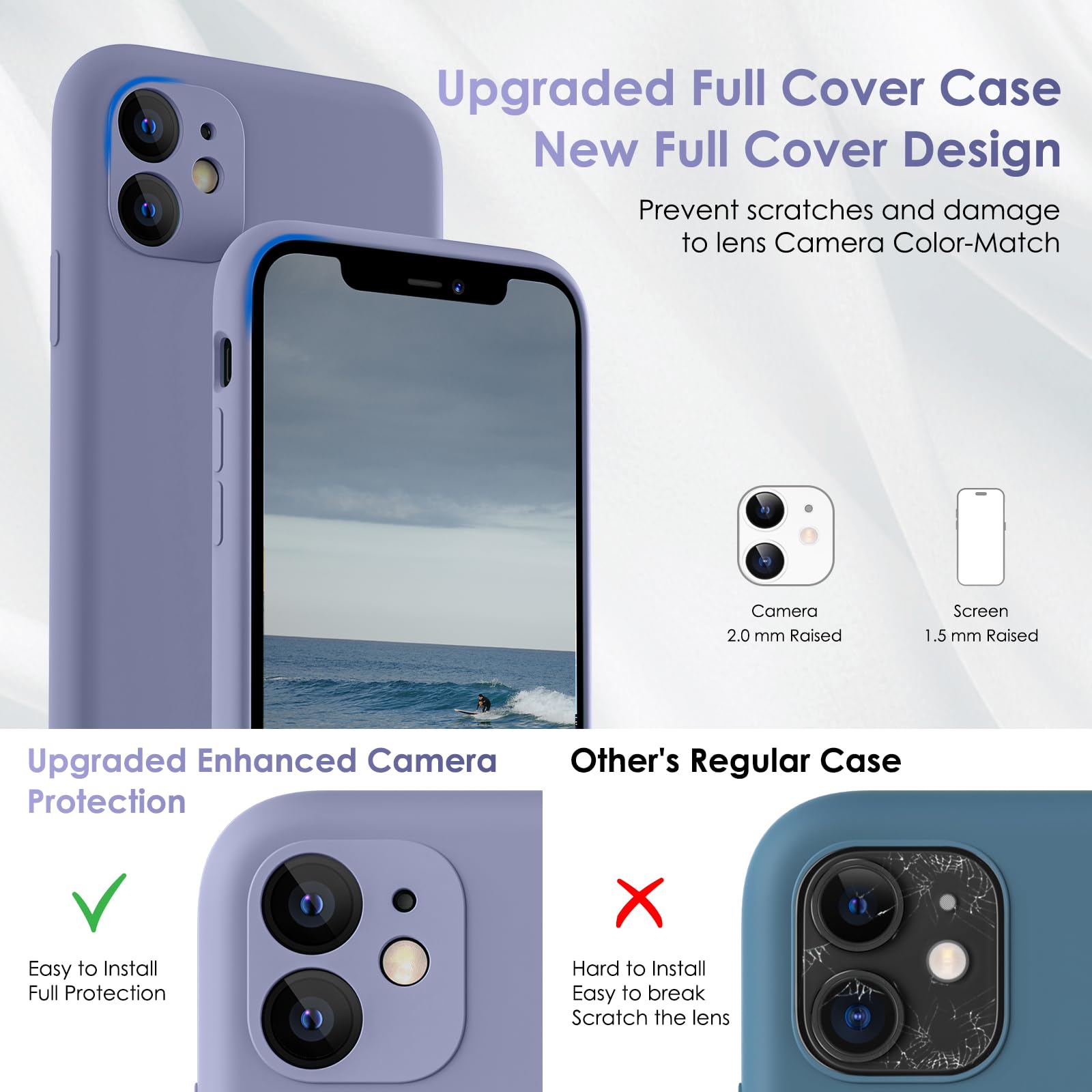 CALOOP Slim-Fit for iPhone 11 Case,Skin Soft Liquid Silicone,Sturdy Hard Frame Shockproof Cover with Anti-Scratch Microfiber Lining,Full Protection for Screen and Lens,6.1 inch(Lavender Gray) - Image 3