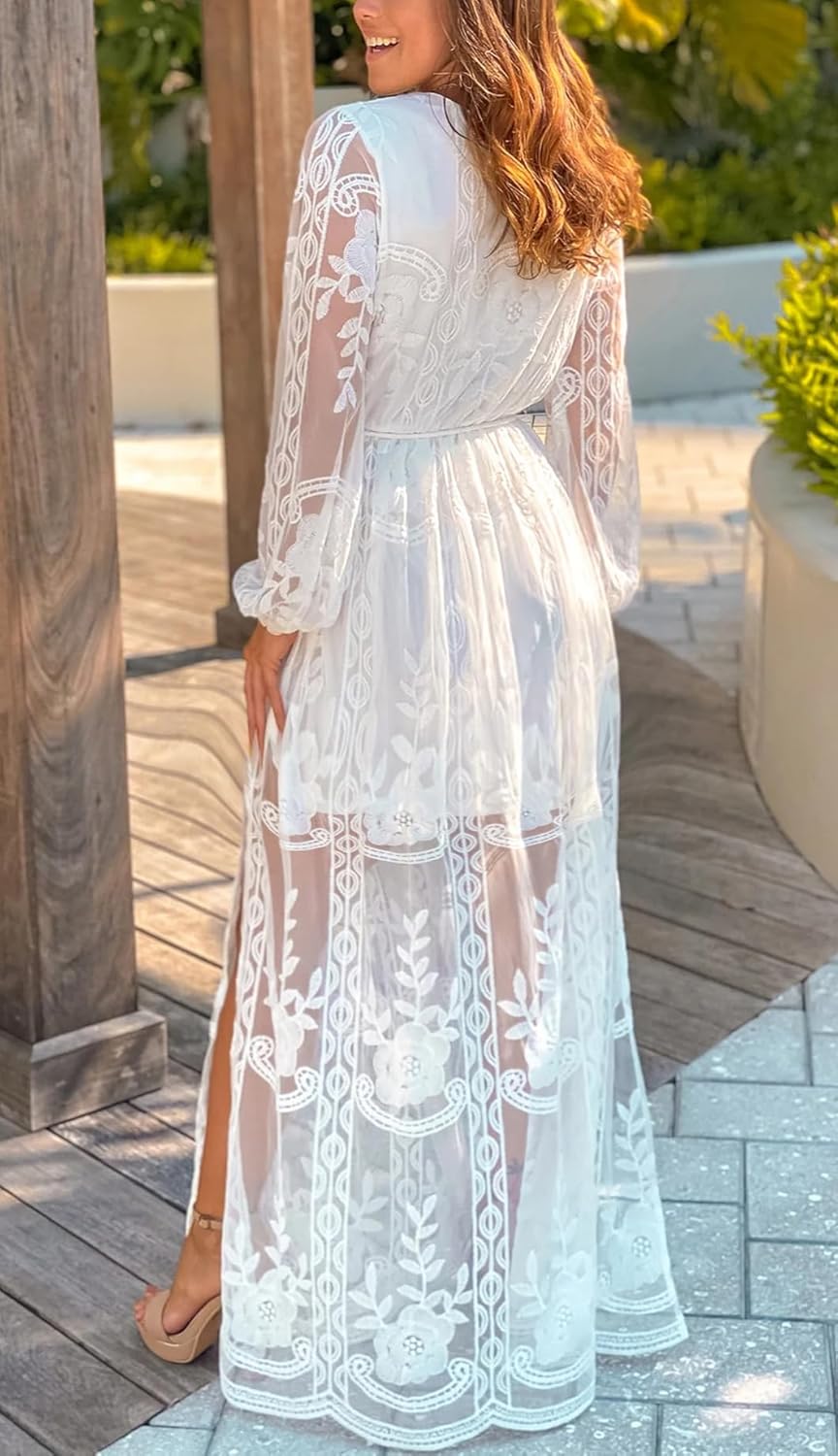 MERMAID'S CLOSET Women's V Neck Floral Lace Maxi Wedding Dress Long Sleeve Flowy Formal Party Dress Fall Spring - Image 5