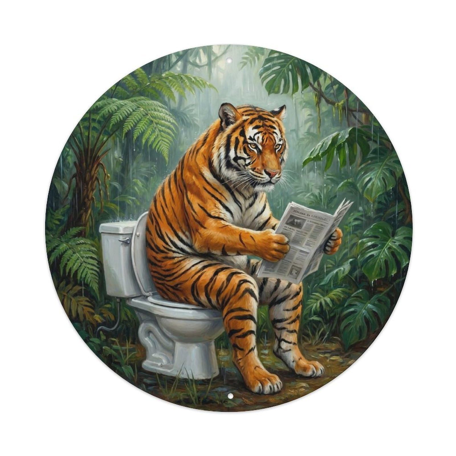 Tiger On Toilet Humorous Bathroom Jungle Rain Reads Metal Tin Sign