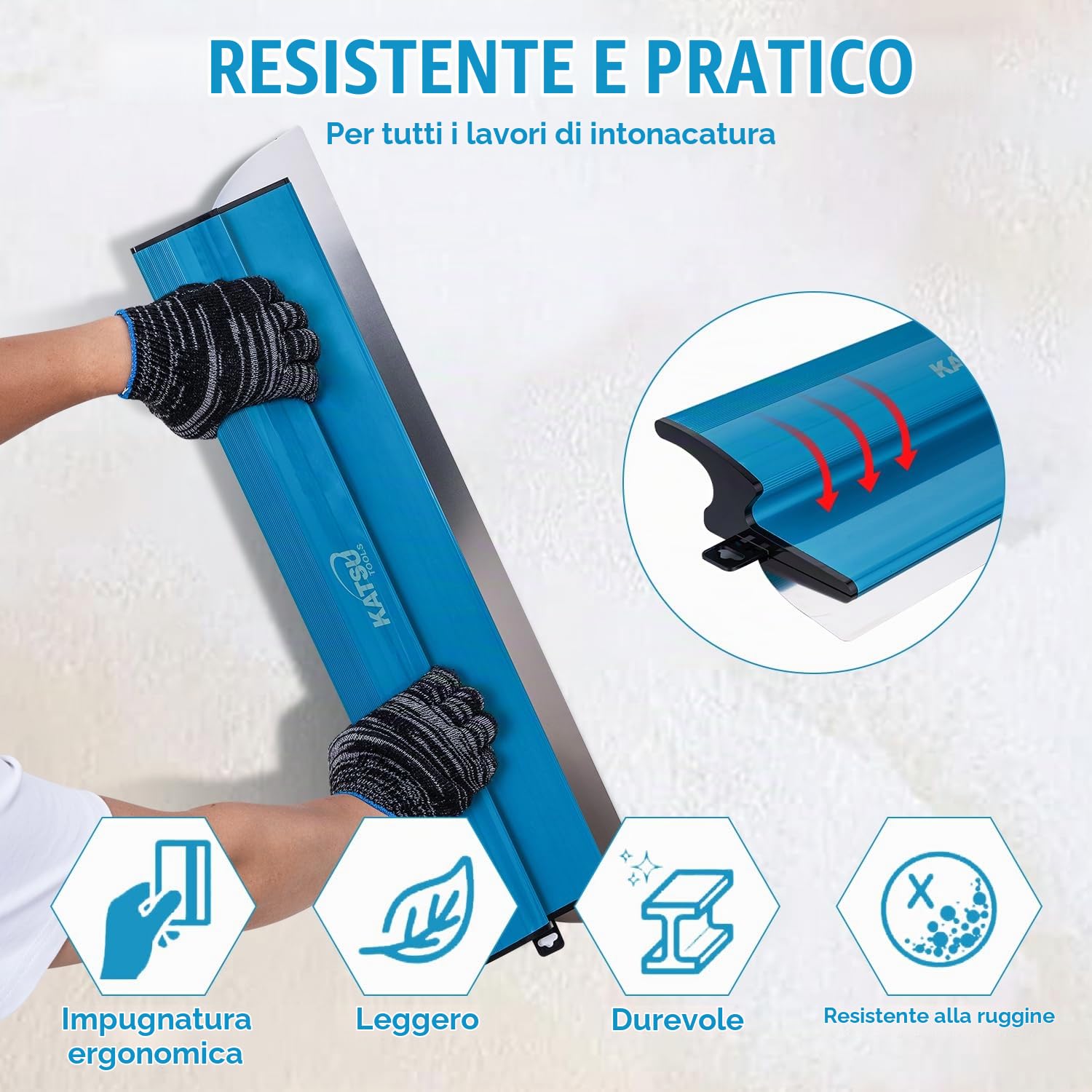KATSU Tools Spatole per Stucco Kit, Frattazzo per Stucco in Acciaio Inox da 25+40+60+80 cm, Spatola di Finitura per Intonacare Pareti e Soffitti