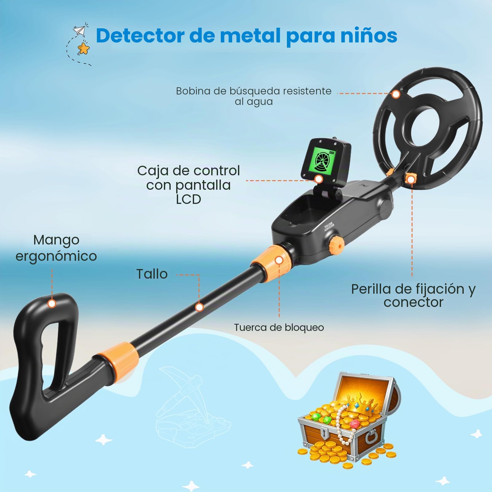 Detector de Metales Niños, Detector de Metales Ligero y Impermeable IP68 con Pantalla LCD e Indicación de Sonido, Alta Precisión para Niños con Pala para Investigación de Metales