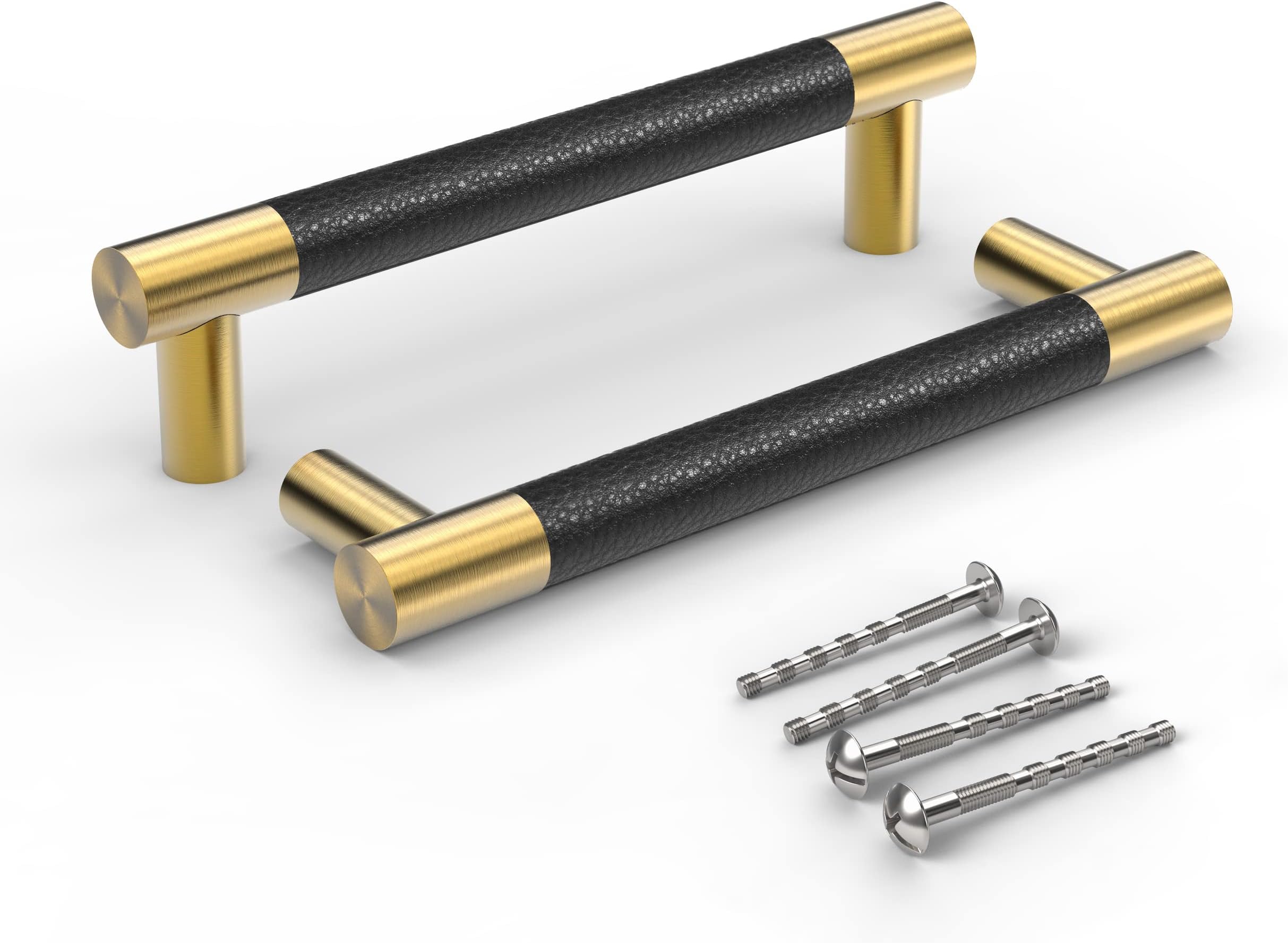 Bar Cabinet Handle Knob Pull Brushed Satin Gold/Brass Finish with Upholstered Black Leather 4.6" (3.78" Hole Center) for Kitchen Cabinet Hardware/Dresser Drawer Handles, 10 Pack