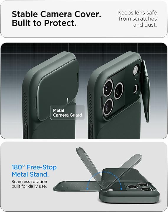 Spigen iPhone 17 Pro ile Uyumlu MagSafe Kılıf Optik Armor Mag Fit Metal Stand özellikli Kamera Korumalı Yeşil Kapak - ACS09954 (Spigen TR Garantili)