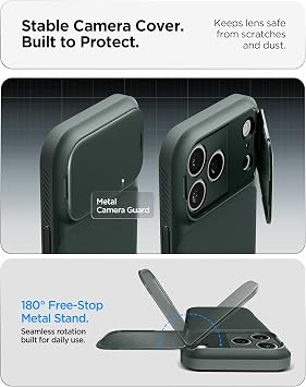 Spigen iPhone 17 Pro ile Uyumlu MagSafe Kılıf Optik Armor Mag Fit Metal Stand özellikli Kamera Korumalı Yeşil Kapak - ACS09954 (Spigen TR Garantili)