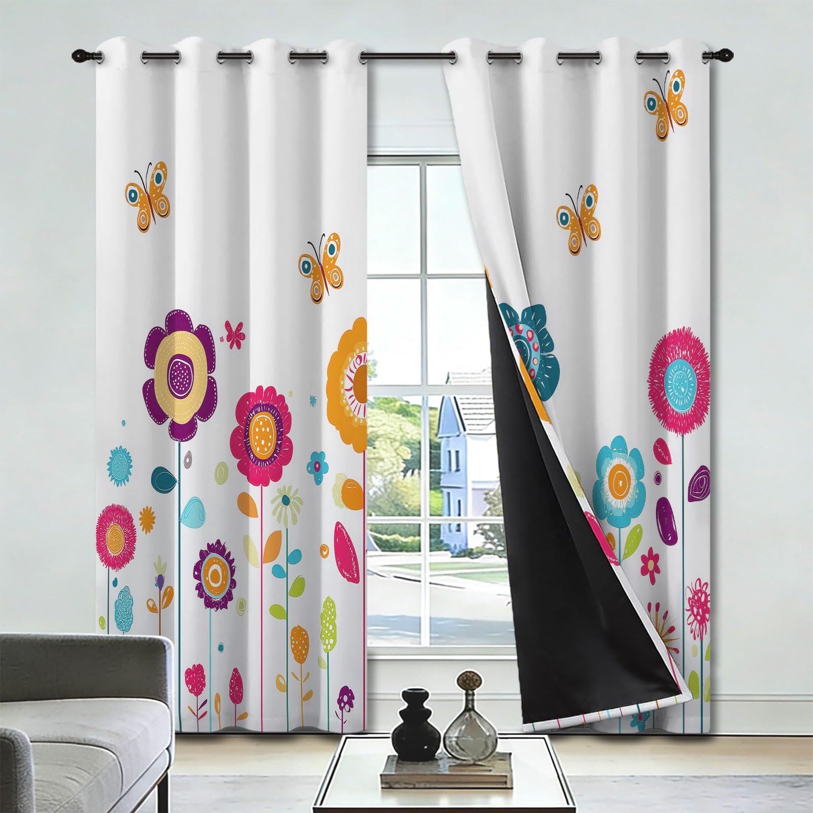 Tenda floreale a farfalla coccinella, tenda oscurante termica isolante, tenda oscurante con occhielli, tendaggi interni, cameretta, cartone animato, design per soggiorno e camera da letto, 2 pezzi