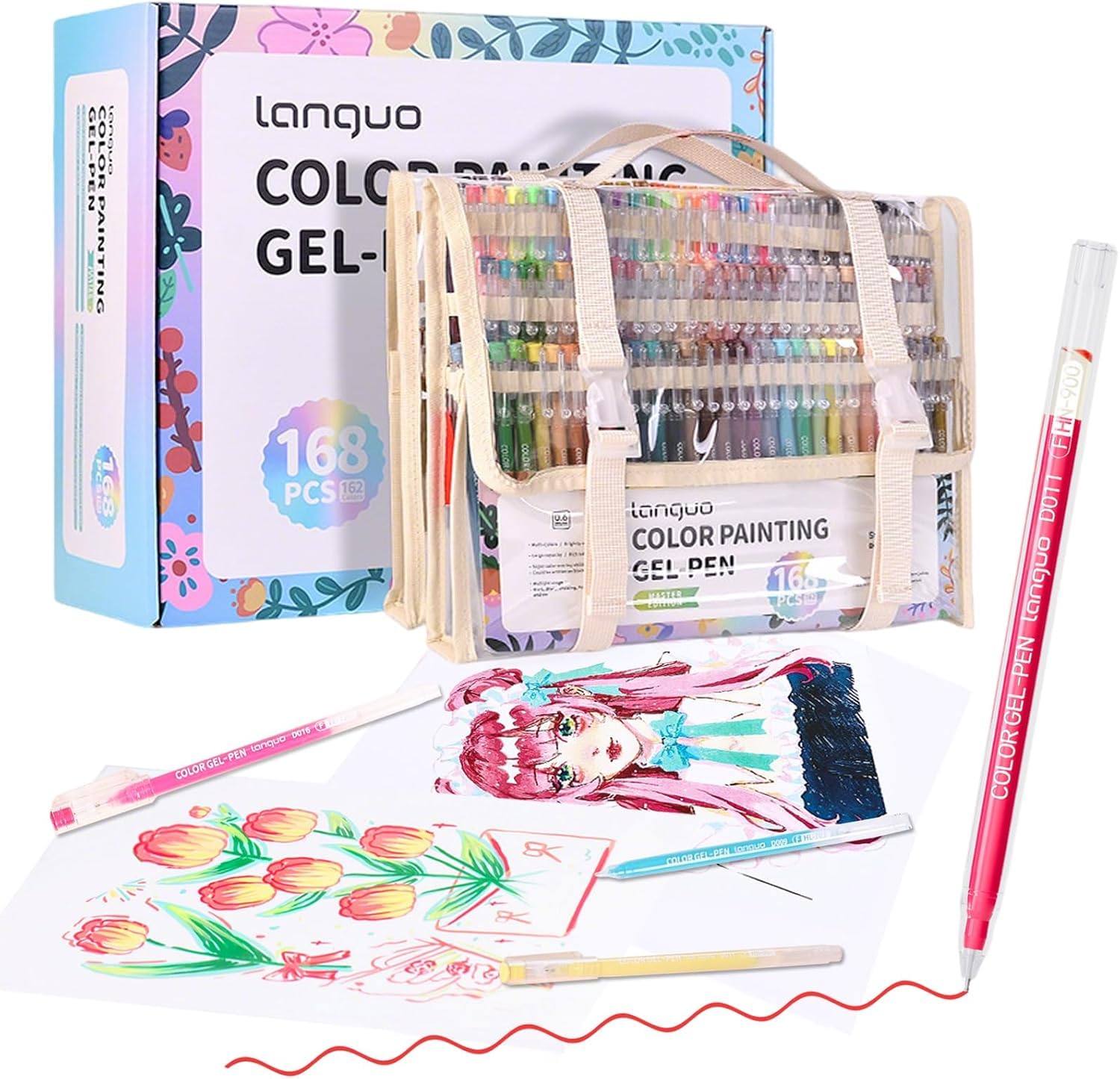 168Pcs 162 Colors Gel Ballpoint Pens Set, 0.6mm Fine Point color pens, Quick Dry Ink Rollerball Writing Pens with Exquisite Transparent Storage Bag for Drawing & Journaling, Sketching and Office