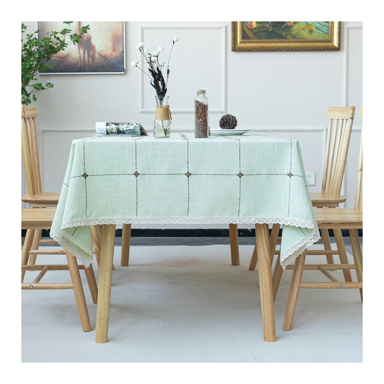 Rechteckige Tischdecken 110x170 cm, Polyester Tischtuch Abwaschbar Kariert mit Spitze Rand Tischdecke für Couchtisch, Gartentisch, Grün