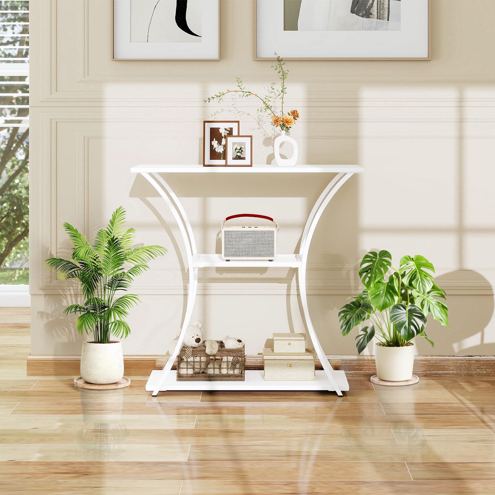 HDANI Tavolo consolle in metallo a 3 livelli con griglia media, tavolino sottile con telaio stabile, tavolo d'ingresso stretto e divano per corridoio, soggiorno, ingresso, bianco (80 x 30 x 78,5 cm)