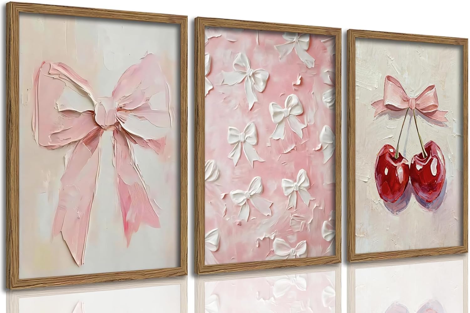 Pink Bow Canvas Wall Art Set of 3 Framed Preppy Girly Wall Decor with Cute Bows & Cherries Vintage Pink Aesthetic Artwork for Bedroom Bathroom Dorm, Natural Wood Frame 12x16