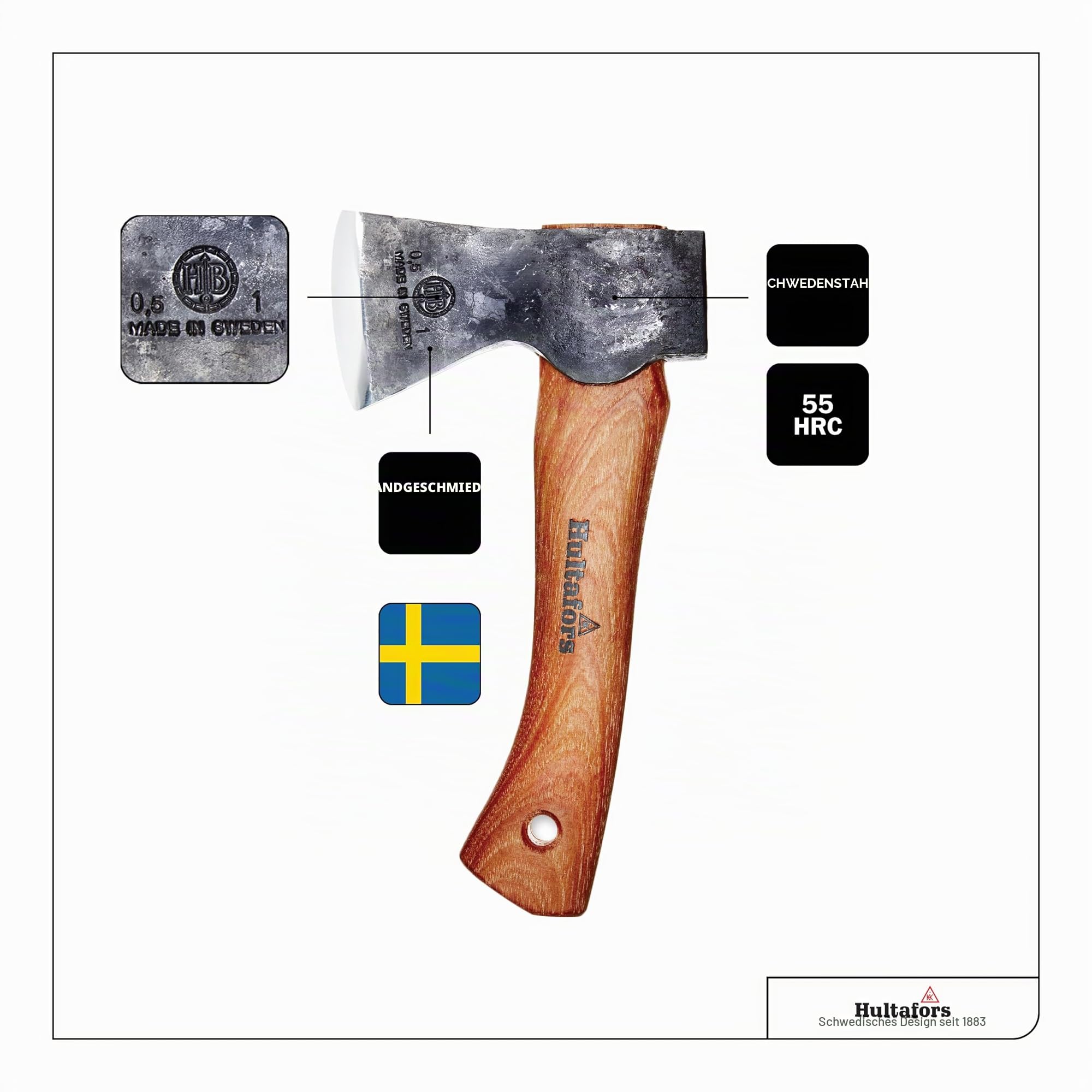Handgeschmiedetes Beil Agelsjön 235mm aus schwedischem Qualitätsstahl I Hultafors I Geschmiedet in Schweden I 775g Premium Axt mit Hickory Holzstil & inkl. Lederschutz I Nachschleifbares Beil I 841760