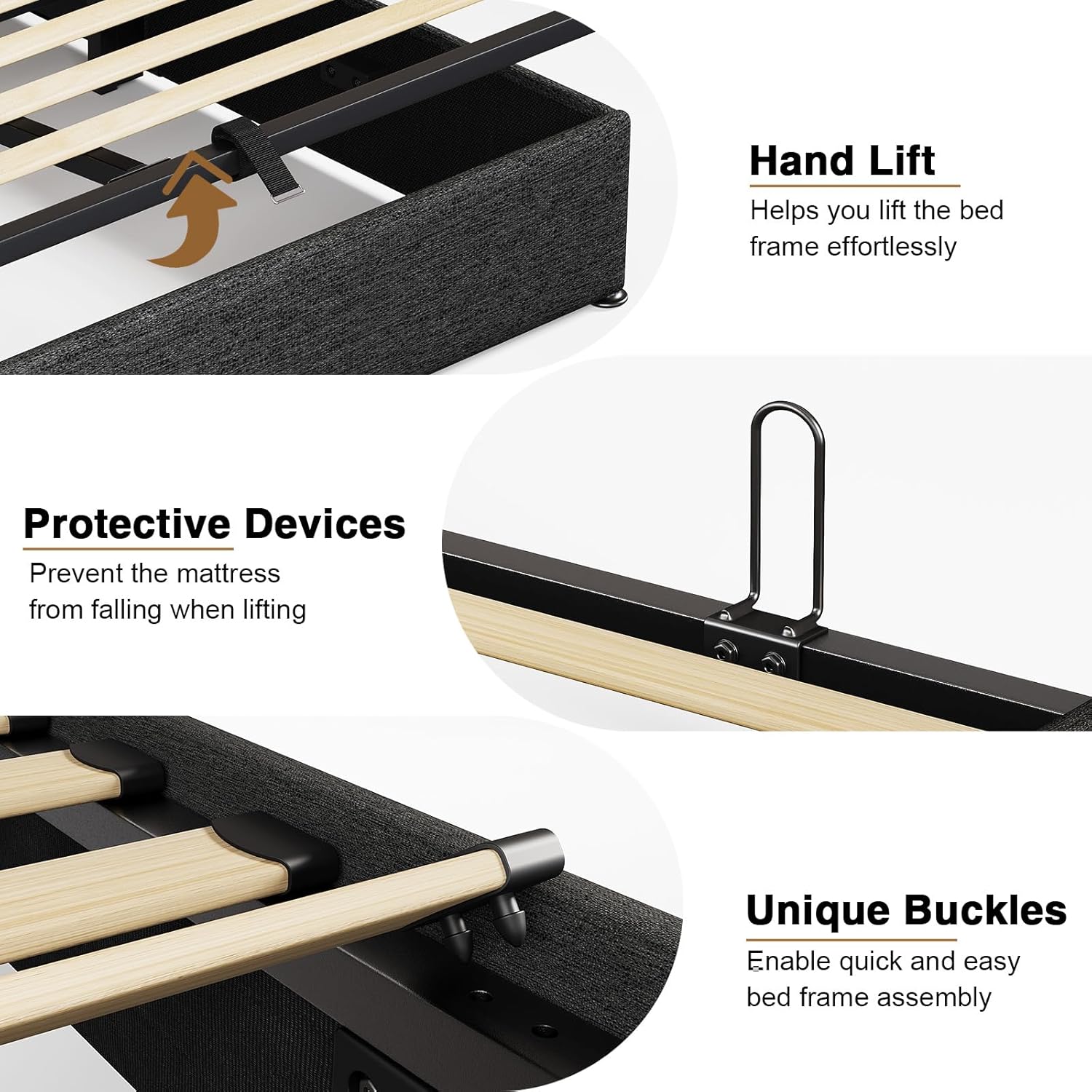 Lift Up Queen Size Bed Frame with Storage, Upholstered Queen Bed Frame with Wingback Headboard, No Box Spring Needed, Easy Assembly - Dark Grey