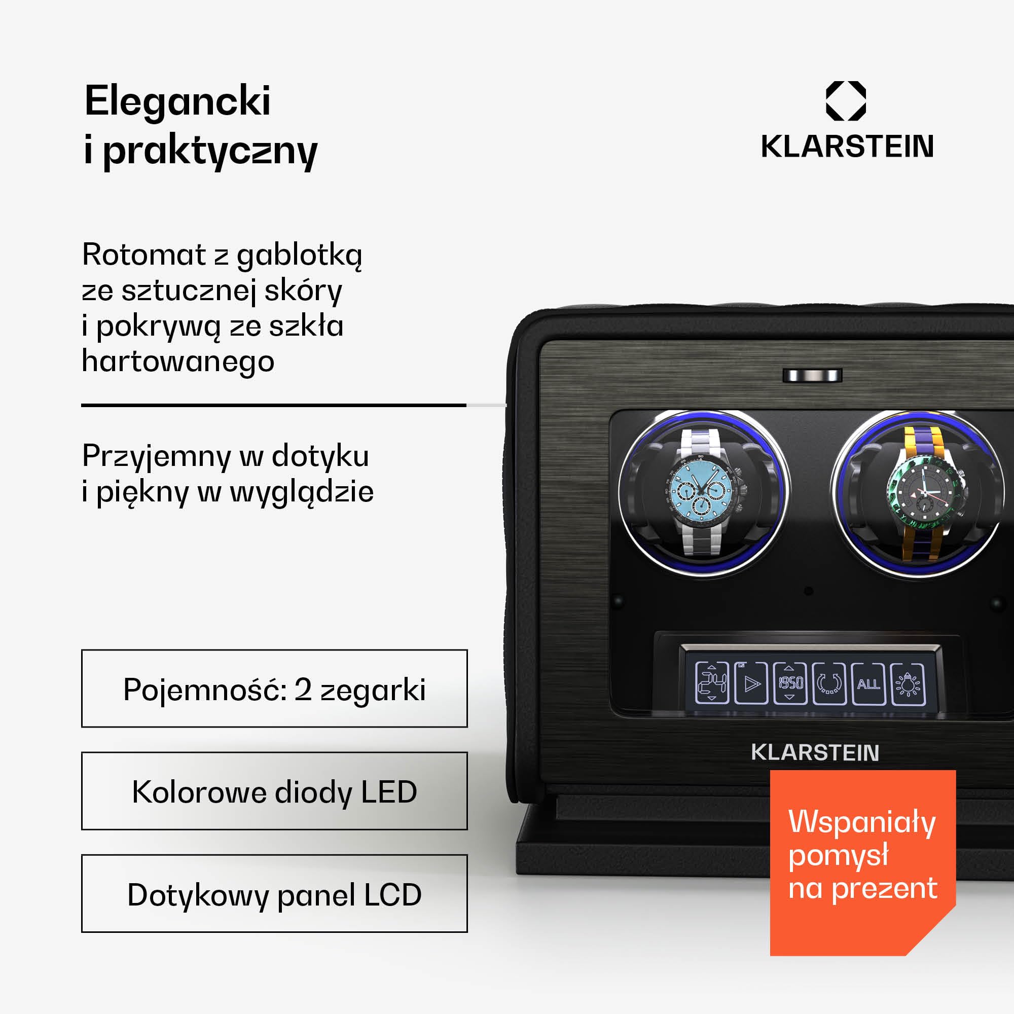 Klarstein LuminousTime Rotomat 2 zegarki – Automatyczny rotomat z cichym japońskim silnikiem, Panel dotykowy LCD i pilot, 20 ustawień TPD, Oświetlenie RGB i LED