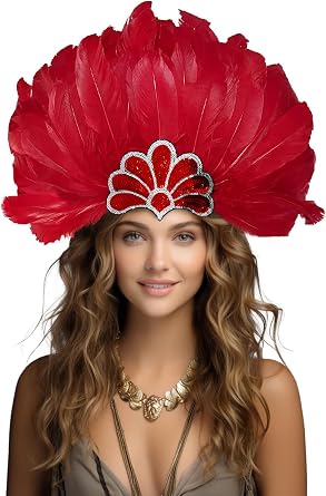 JPXH Feather Headdress Crown with Plumes, Silver Sequined Tiara Design, Showgirl Carnival Costume Headpiece
