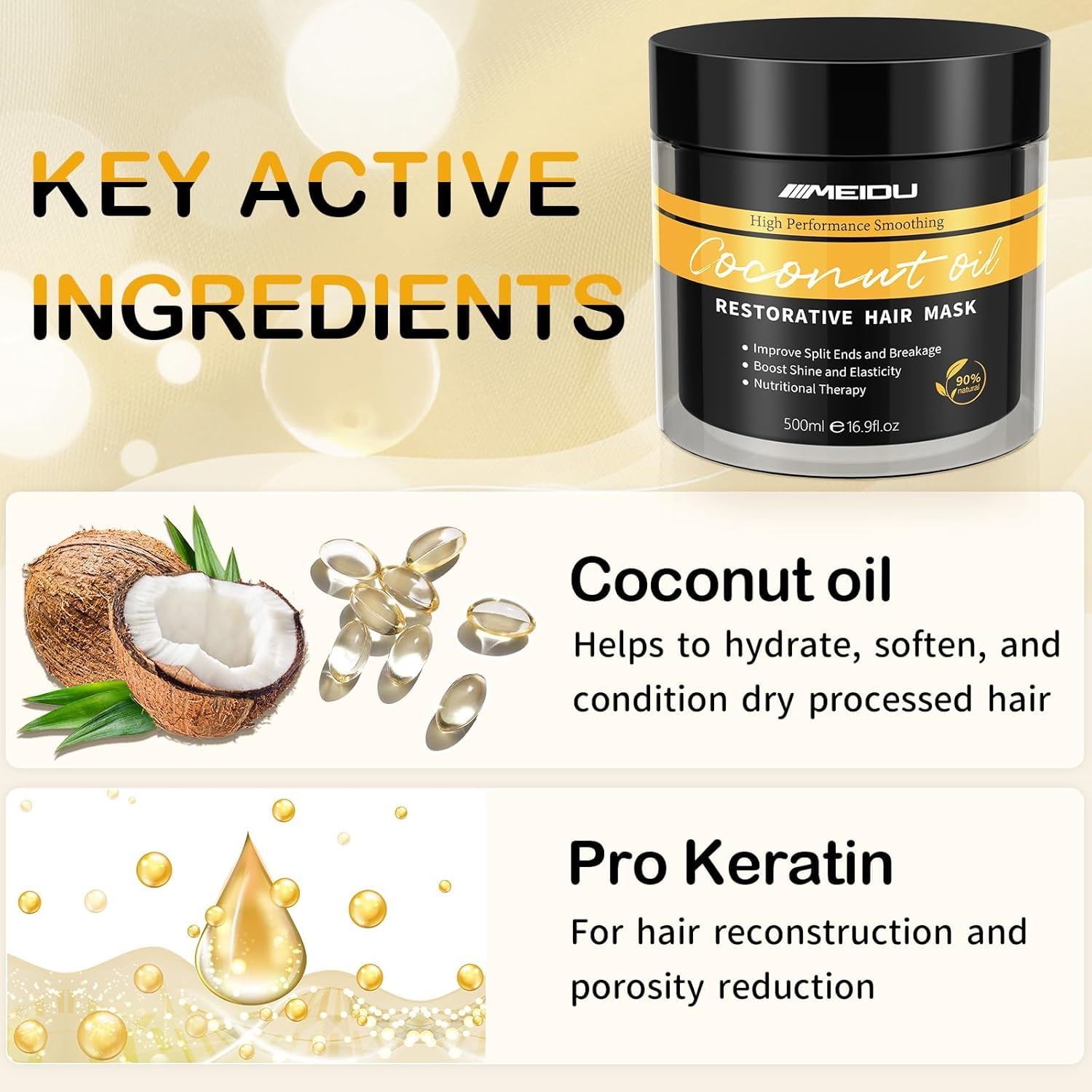 MEIDU Hair Mask - Hair Conditioning Masque for Dry Damaged or Colored Hair - Repair Deep Hydrating Moisturizing Nourishing with Keratin & Coconut Oil (16.9 Fl Oz)