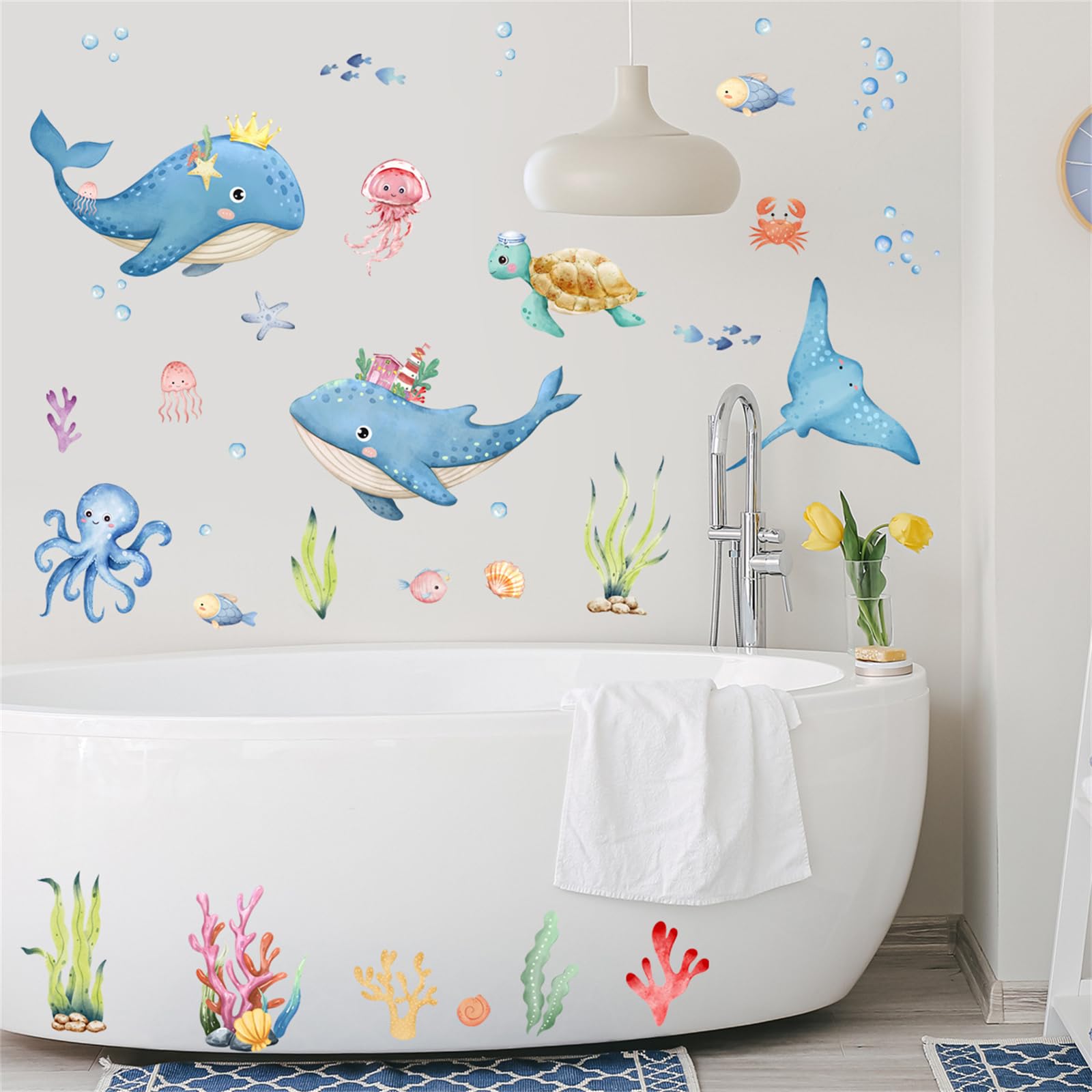 Under the Sea Wall Stickers for Kids Bathroom Watercolor Ocean Animal Wall Decals with Whale, Octopus & Turtle - Image 3