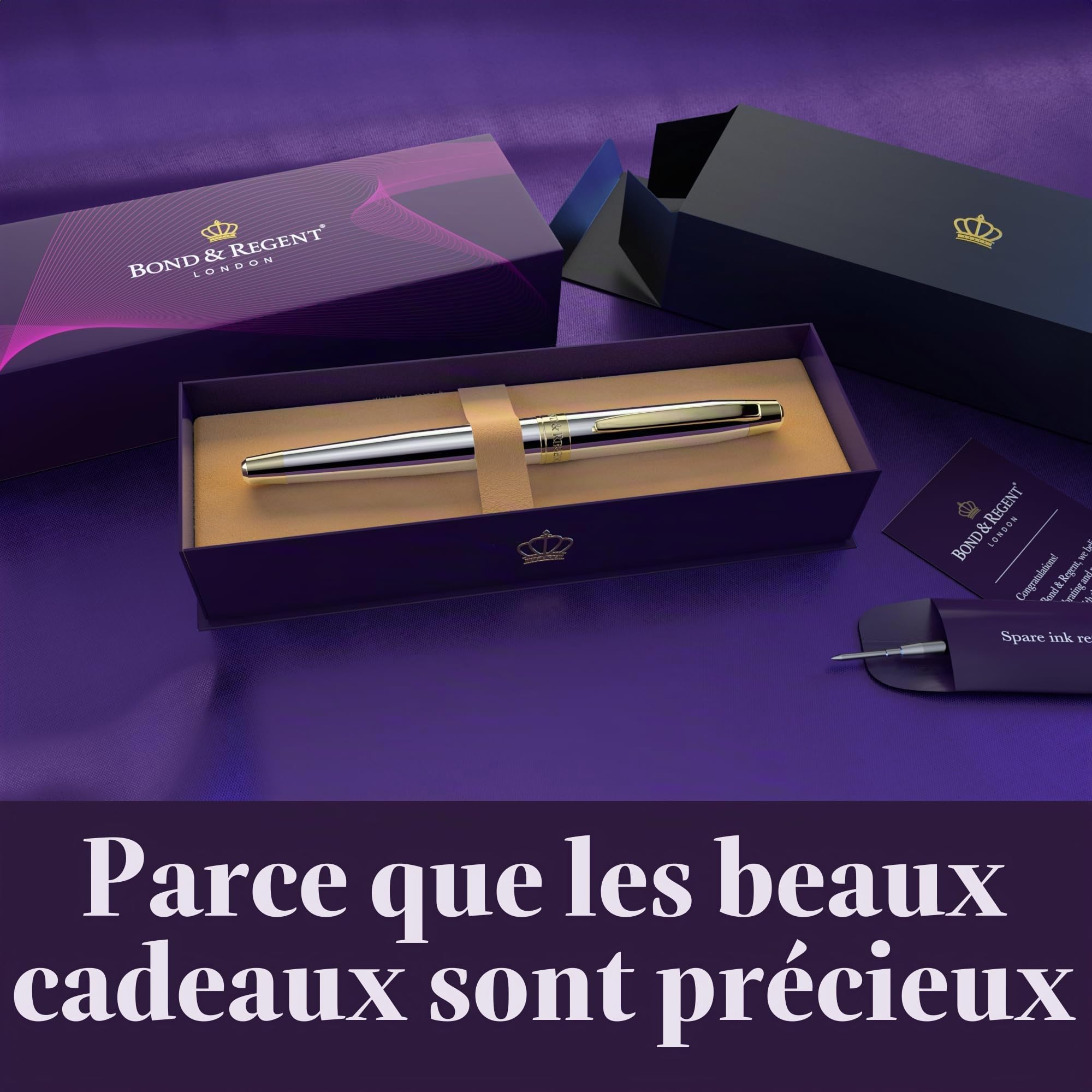 Bond & Regent Stylo roller de qualité supérieure certifié chromé et or 24 carats - Cadeau idéal pour homme et femme